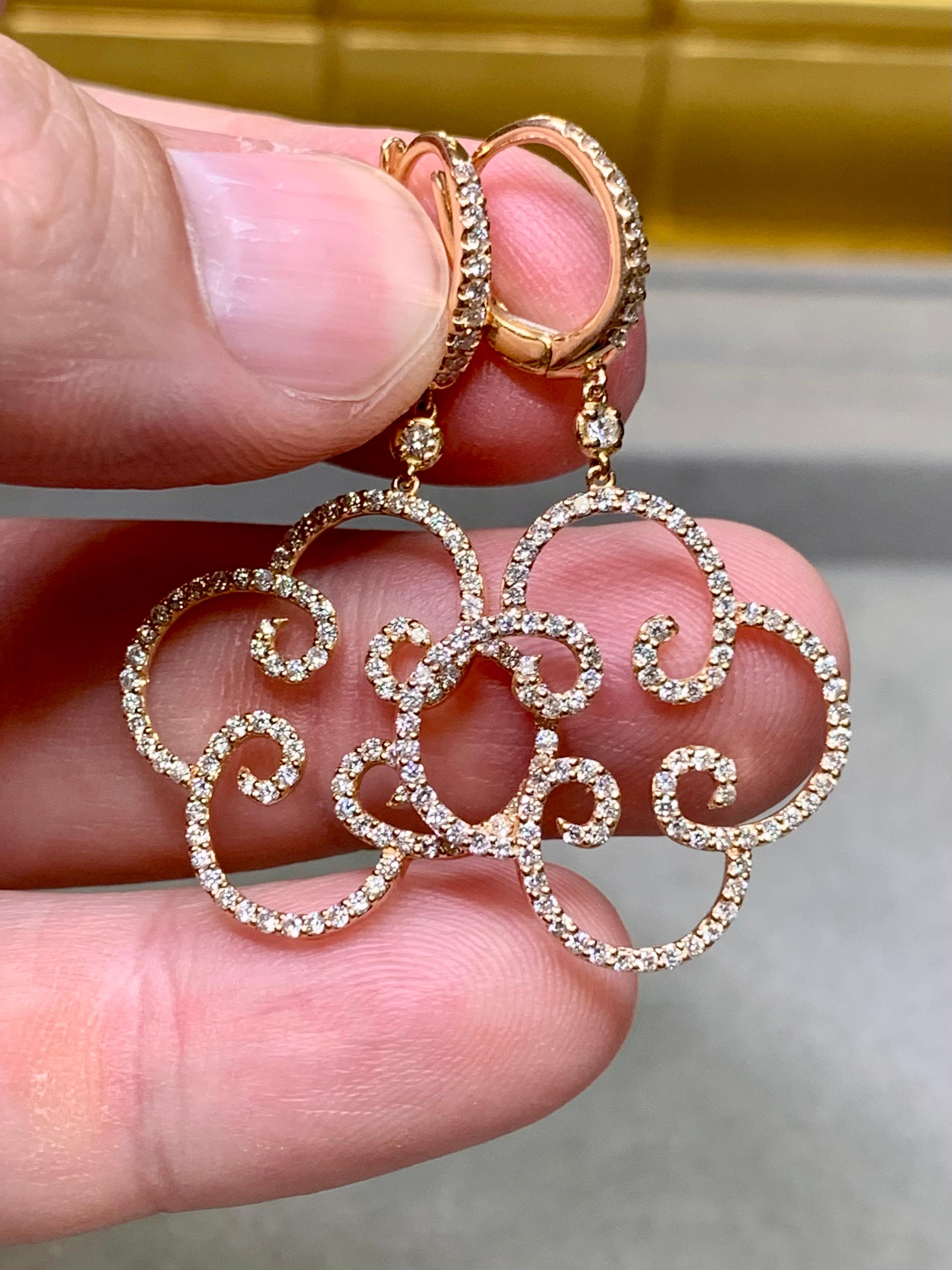 Estate 18K Rose Gold Klee Wirbel Diamant Tropfen baumeln Leverback Ohrringe für Damen oder Herren