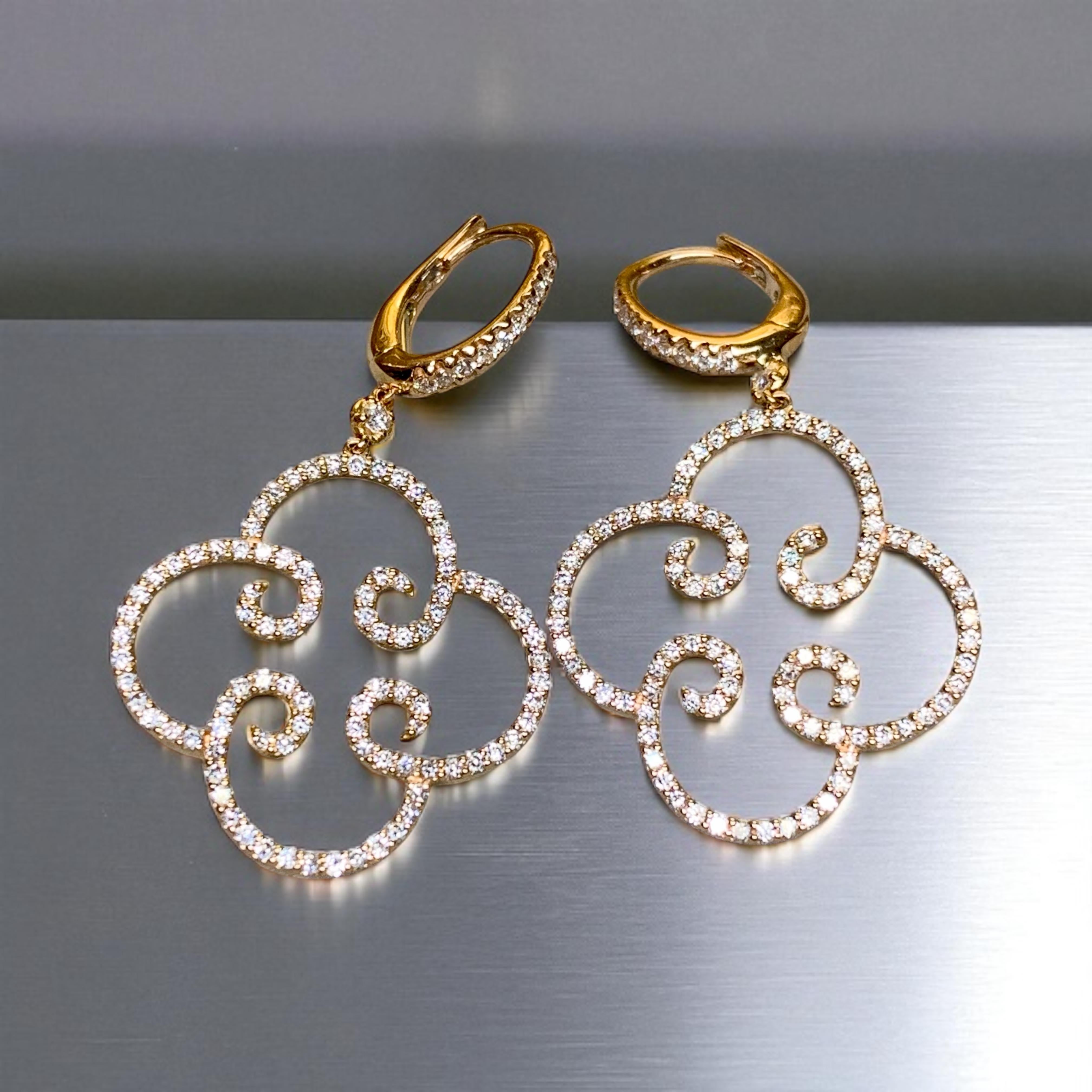 Estate 18K Rose Gold Klee Wirbel Diamant Tropfen baumeln Leverback Ohrringe 1