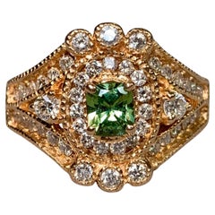 Estate 18K Rose Gold Cushion Cut Demantoid Garnet & Diamond Cocktail Ring