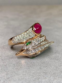 Estate 18K Rose Gold Diamond Cabochon Ruby Flacon Bypass Cocktail Ring 6ctw