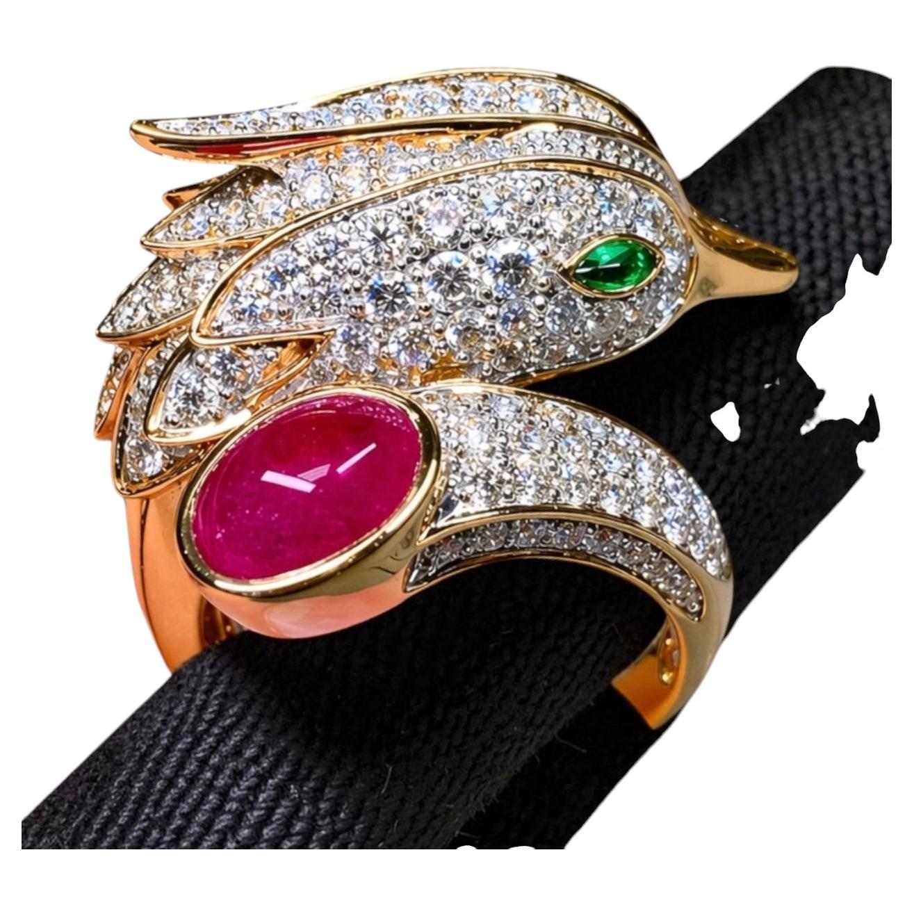 Estate 18K Rose Gold Diamond Cabochon Ruby Falcon Bypass Cocktail Ring 6ctw