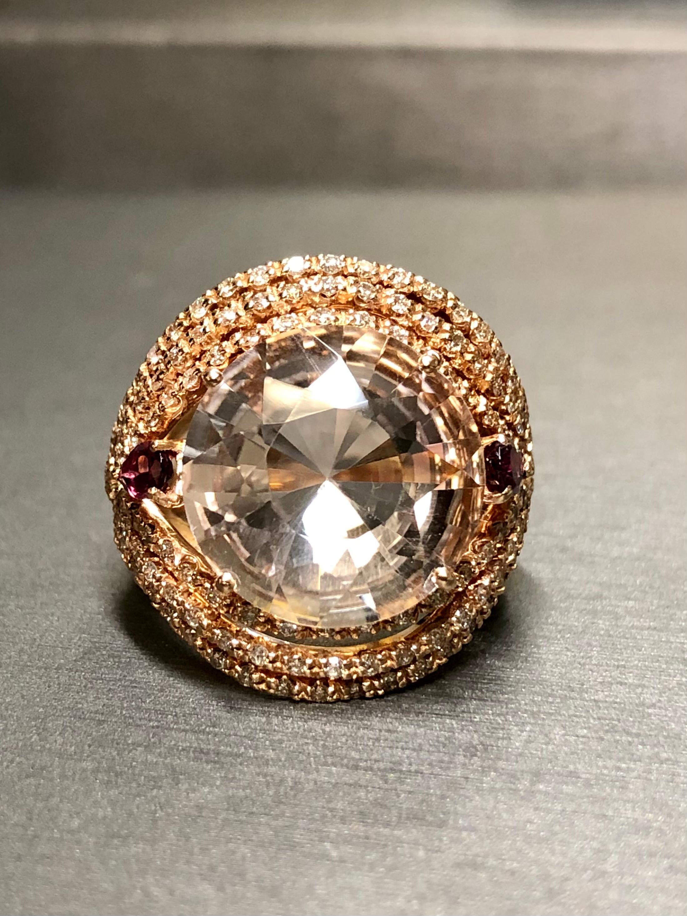 Estate 18K Rose Gold Diamond Tourmaline Pink Quartz Cocktail Ring Sz 7 11.98cttw In Good Condition For Sale In Winter Springs, FL