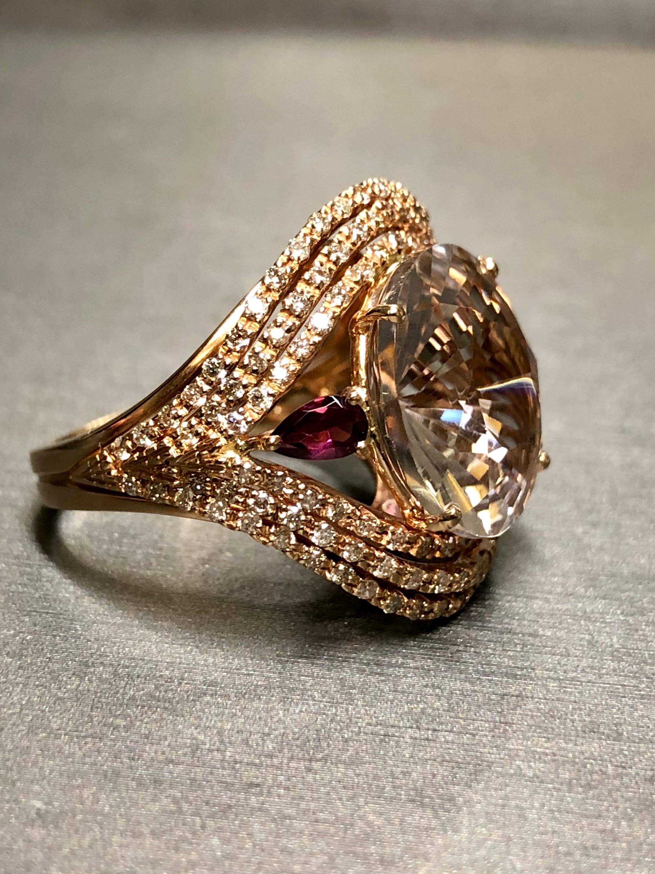 Women's or Men's Estate 18K Rose Gold Diamond Tourmaline Pink Quartz Cocktail Ring Sz 7 11.98cttw For Sale