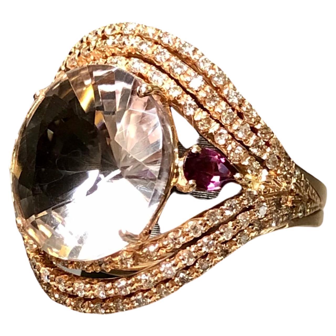 Estate 18K Rose Gold Diamond Tourmaline Pink Quartz Cocktail Ring Sz 7 11.98cttw For Sale