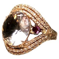 Estate 18K Rose Gold Diamond Tourmaline Pink Quartz Cocktail Ring Sz 7 11.98cttw