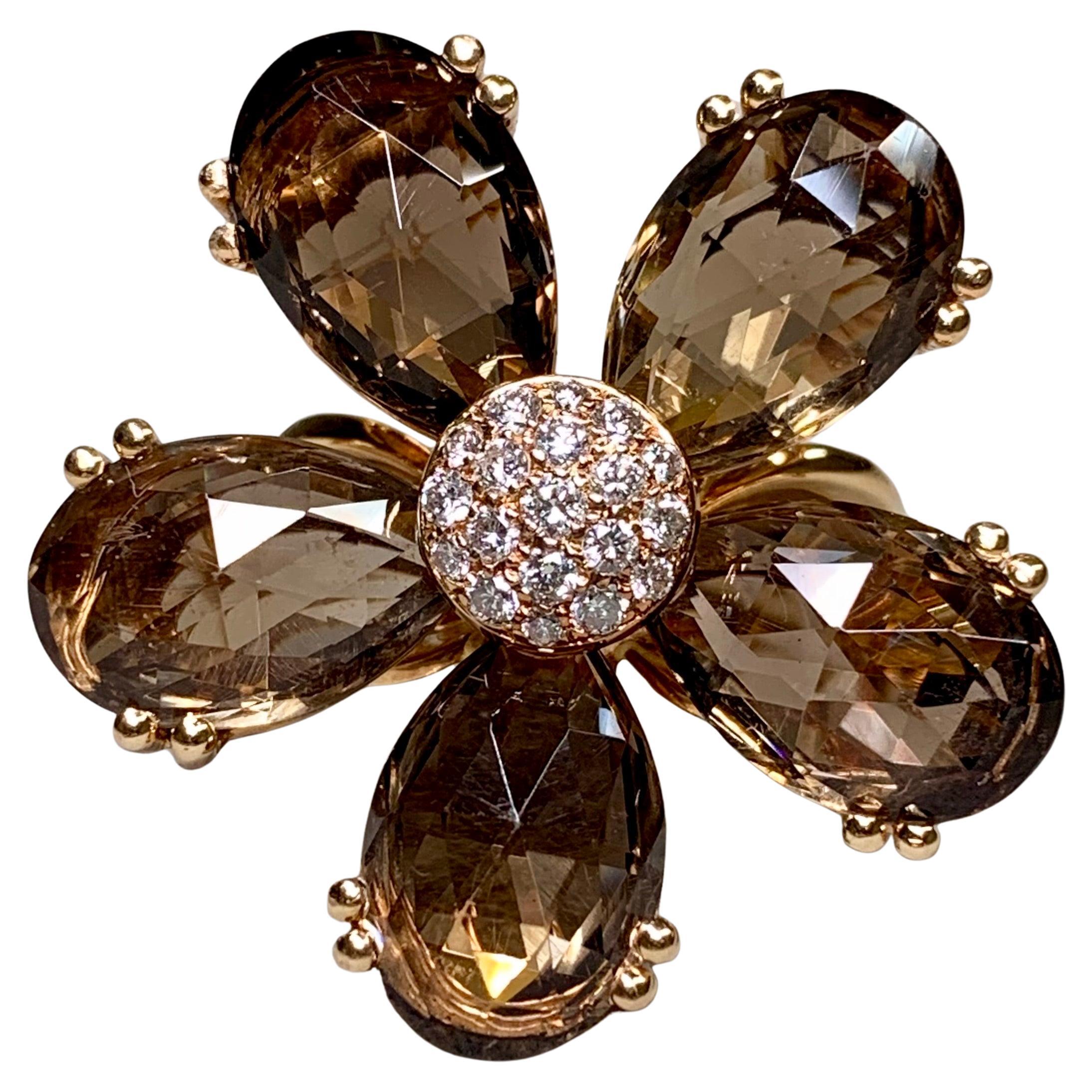 Estate Bague cocktail en or rose 18K Pavé de quartz fumé Pavé de diamant Floral Lourd en vente
