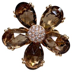 Estate Bague cocktail en or rose 18K Pavé de quartz fumé Pavé de diamant Floral Lourd