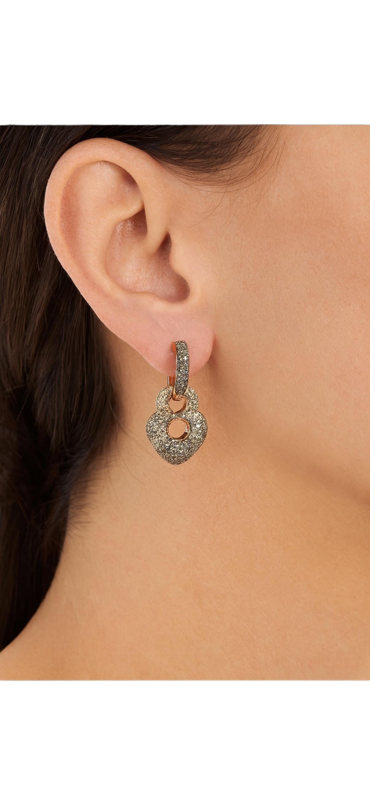 Estate 18K Rose Gold Pave Brown White Diamond Puffed Heart Hoop Drop Earrings For Sale 4