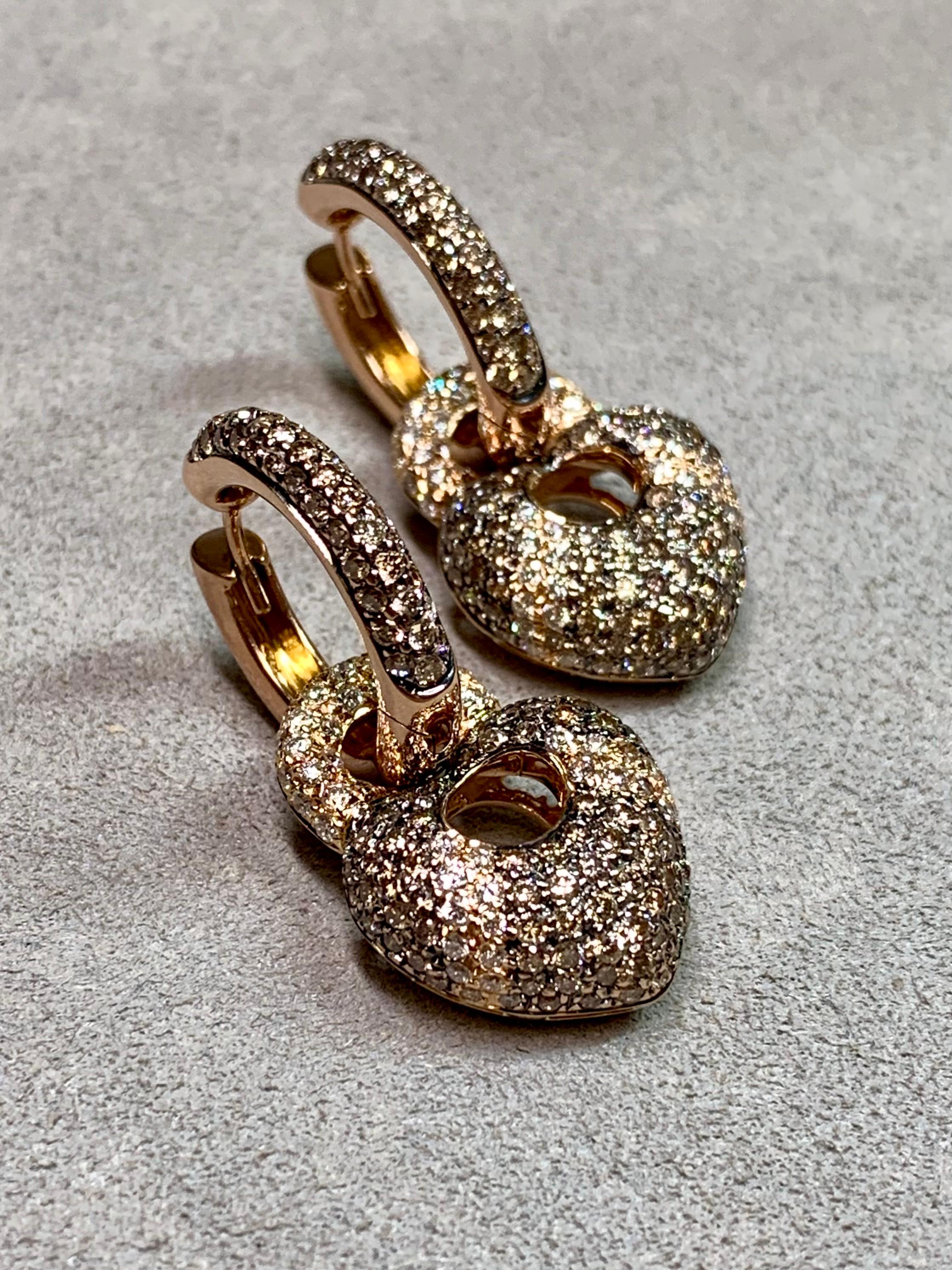 Contemporary Estate 18K Rose Gold Pave Brown White Diamond Puffed Heart Hoop Drop Earrings For Sale
