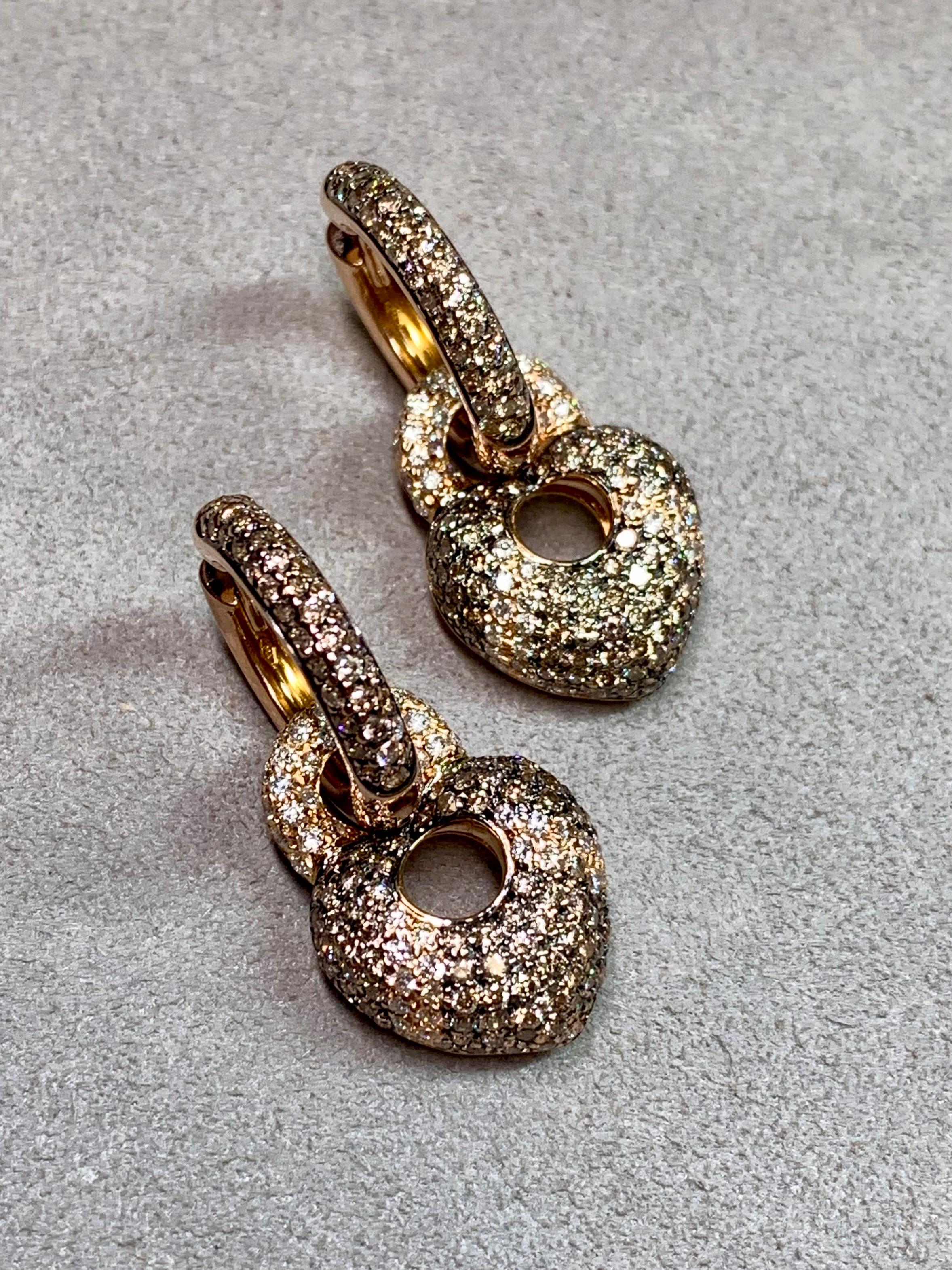 Round Cut Estate 18K Rose Gold Pave Brown White Diamond Puffed Heart Hoop Drop Earrings For Sale