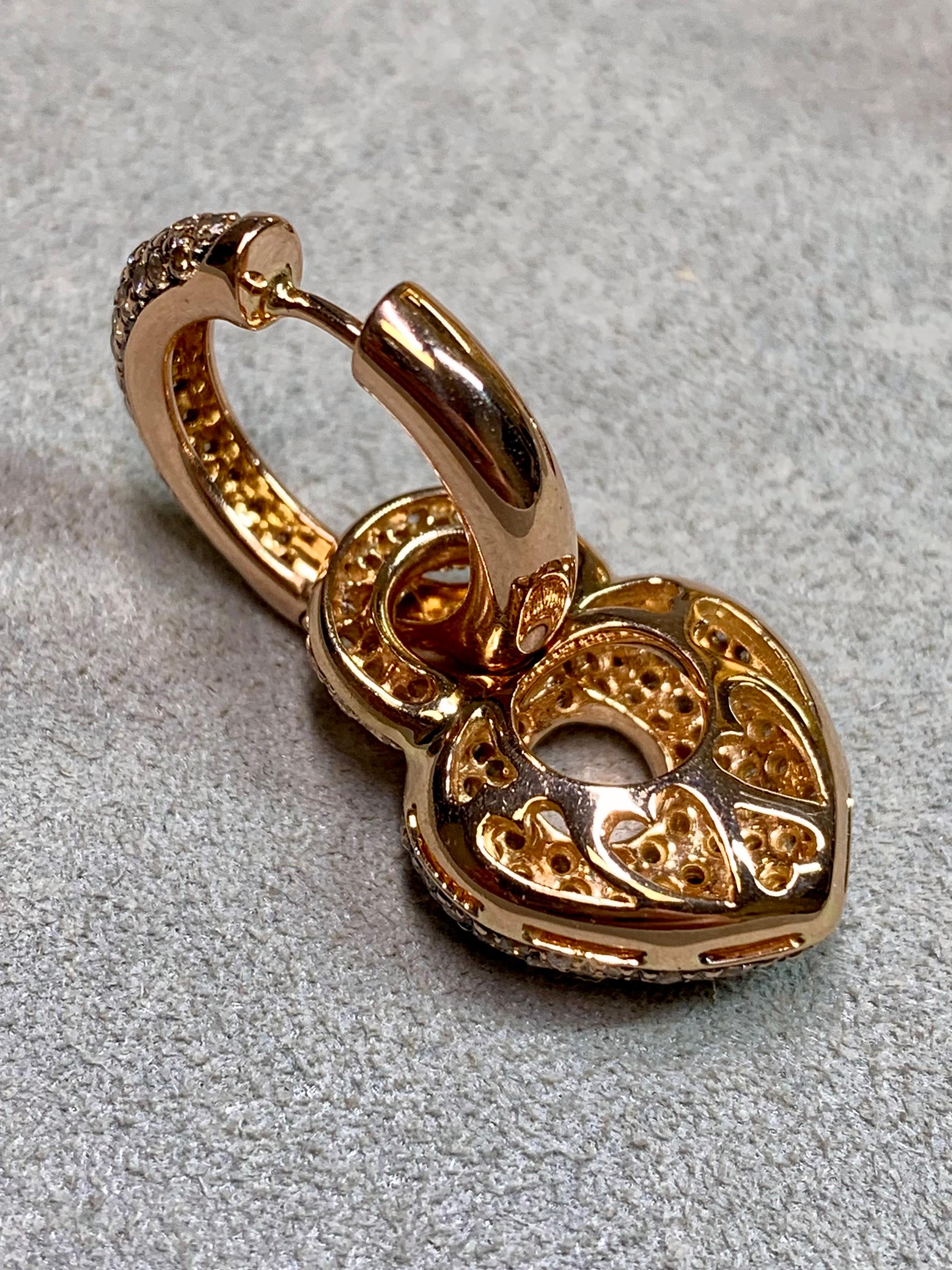 Estate 18K Rose Gold Pave Brown White Diamond Puffed Heart Hoop Drop Earrings In Excellent Condition For Sale In Winter Springs, FL