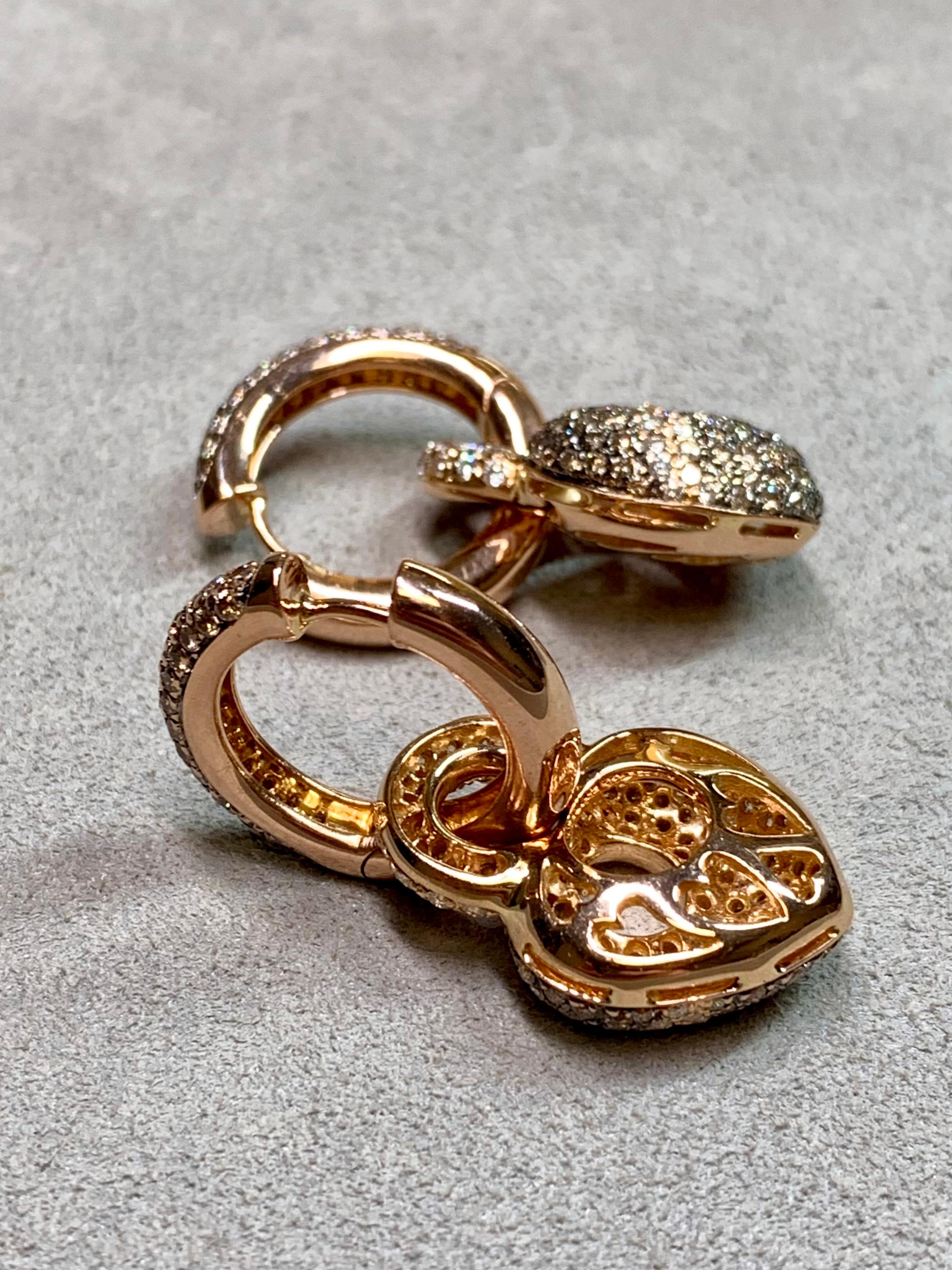 Women's or Men's Estate 18K Rose Gold Pave Brown White Diamond Puffed Heart Hoop Drop Earrings For Sale