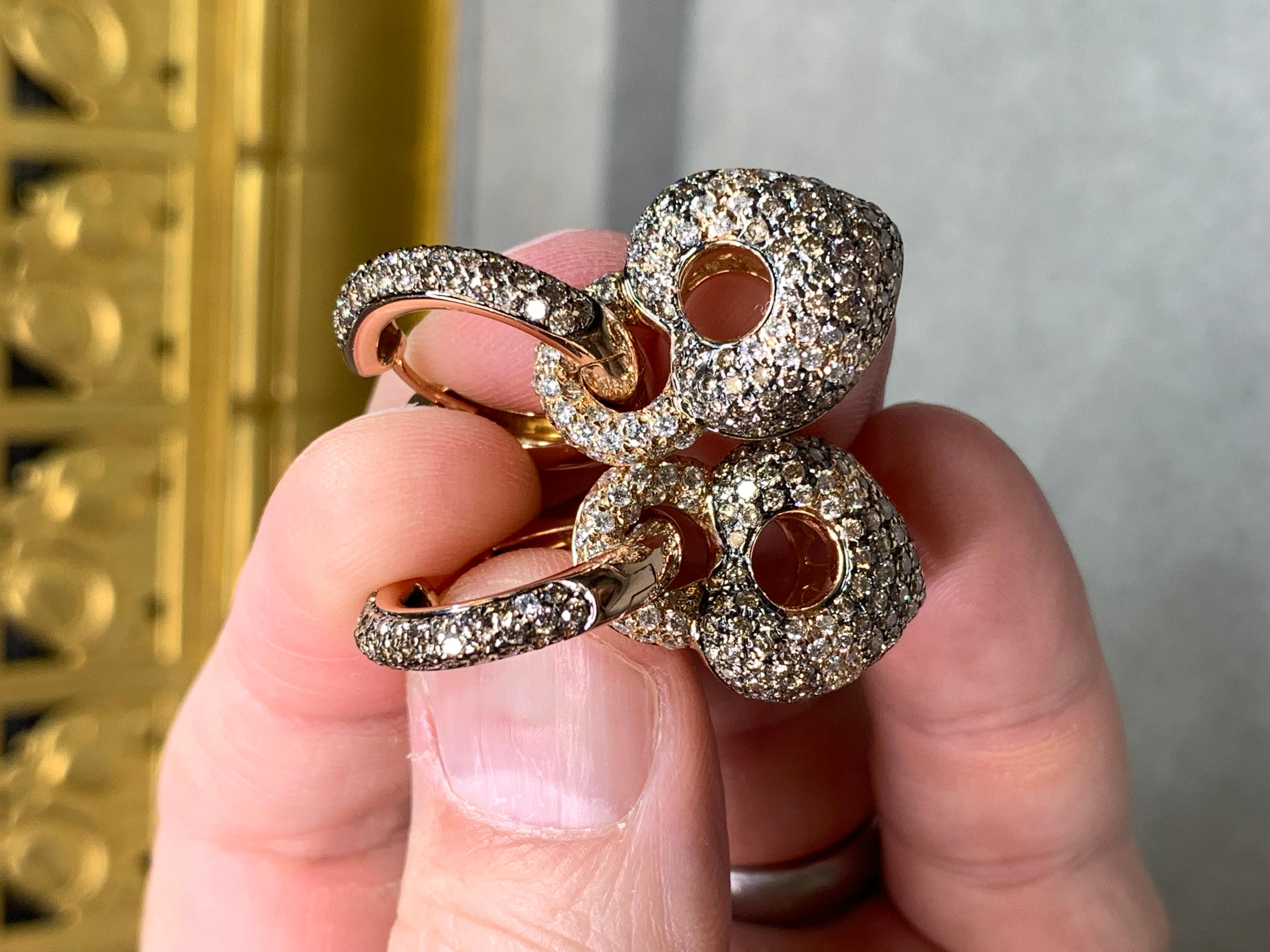 Estate 18K Rose Gold Pave Brown White Diamond Puffed Heart Hoop Drop Earrings For Sale 1