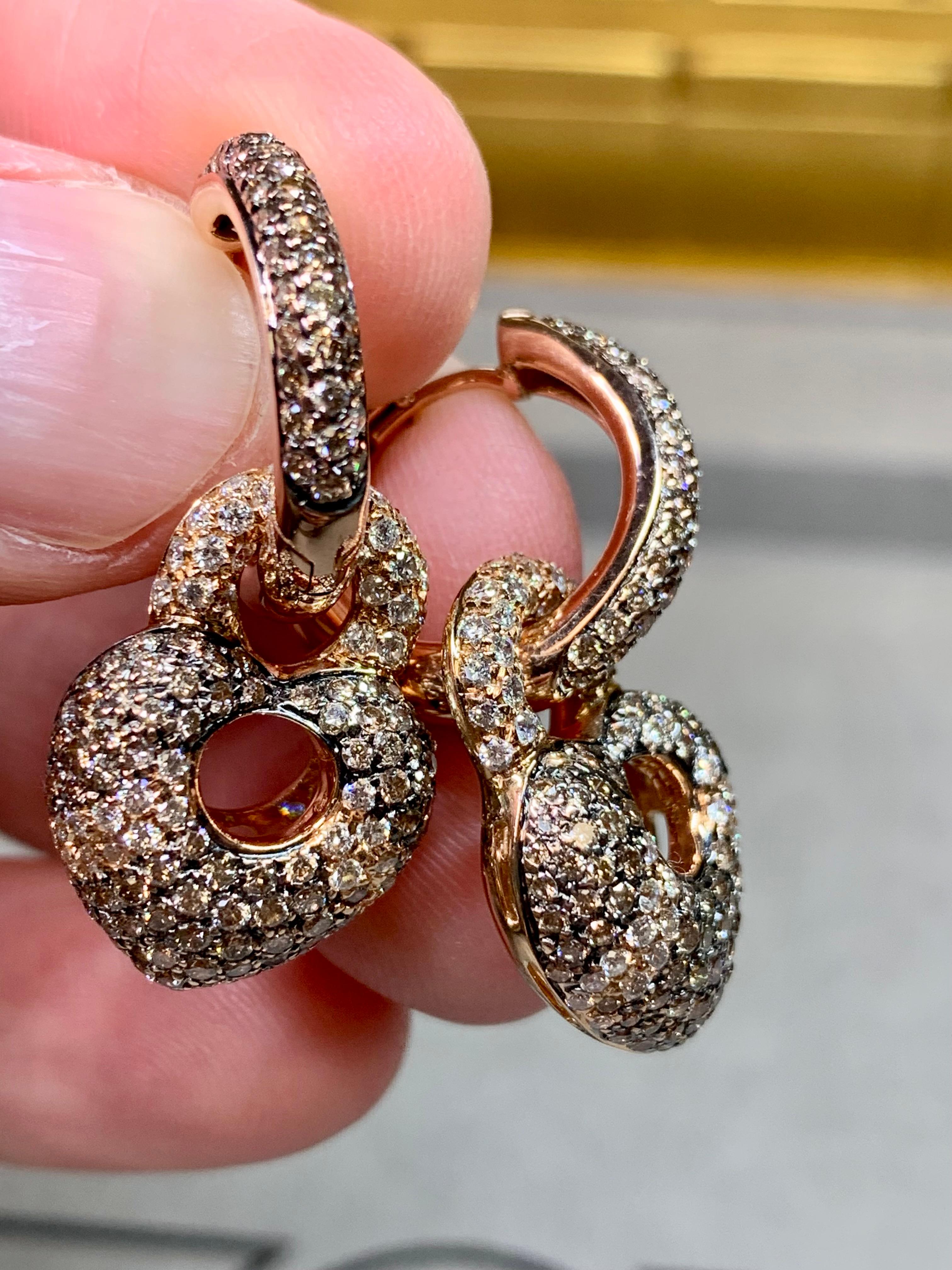 Estate 18K Rose Gold Pave Brown White Diamond Puffed Heart Hoop Drop Earrings For Sale 2