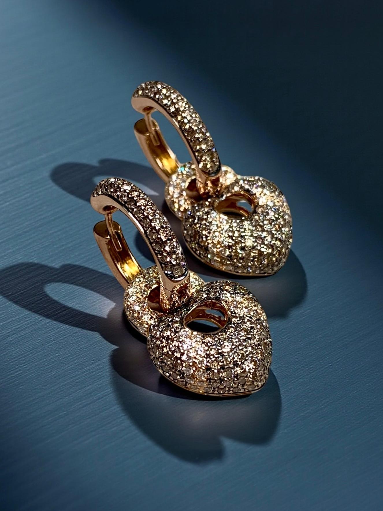 Estate 18K Rose Gold Pave Brown White Diamond Puffed Heart Hoop Drop Earrings For Sale 3