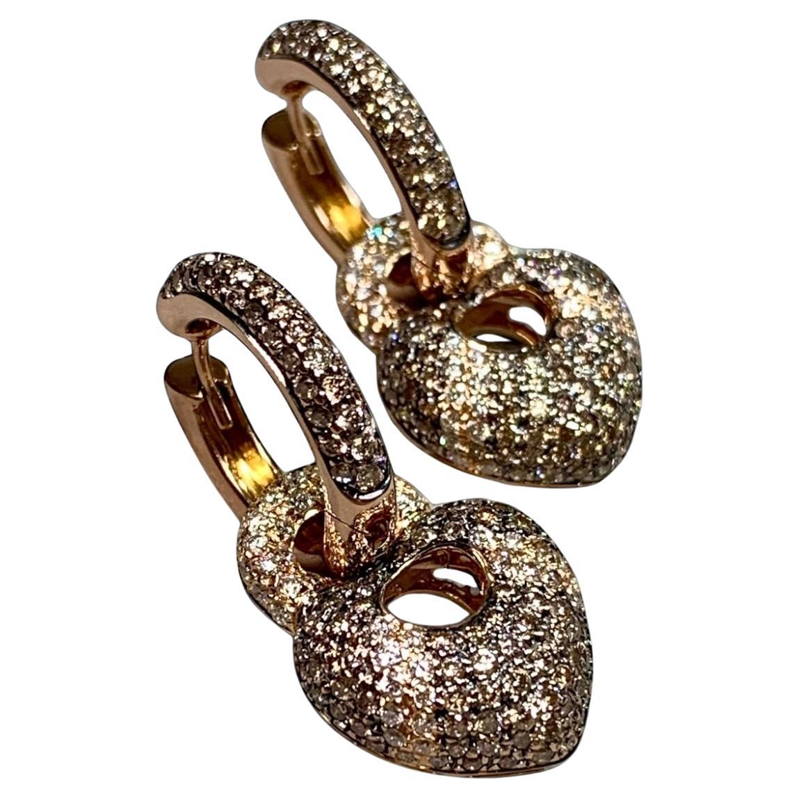 Estate 18K Rose Gold Pave Brown White Diamond Puffed Heart Hoop Drop Earrings For Sale