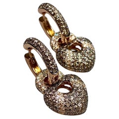 Estate 18K Rose Gold Pave Brown White Diamond Puffed Heart Hoop Drop Earrings