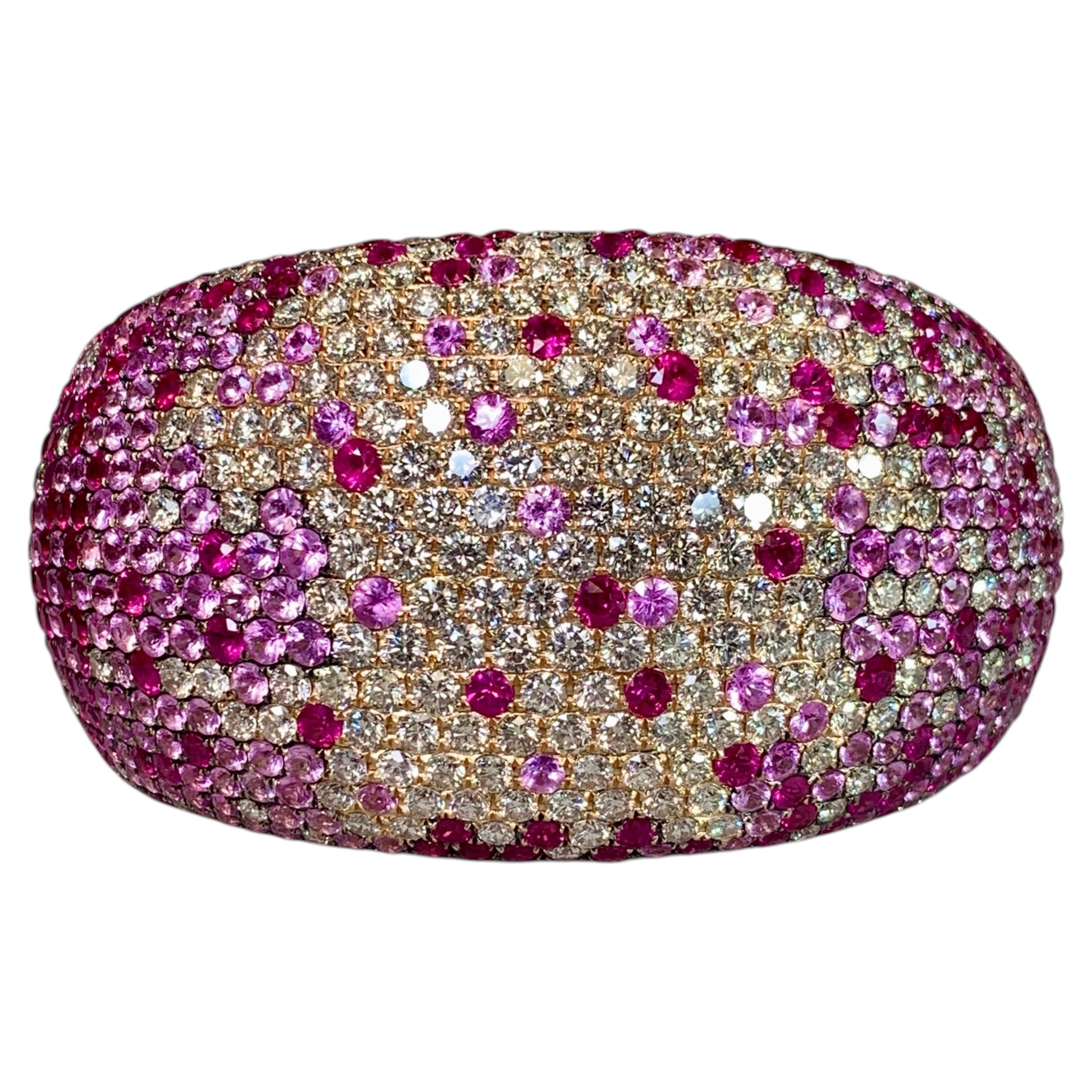 Estate 18K Rose Gold Pavé Pink Sapphire & Diamond Wide Domed Cuff Bracelet 47ctw