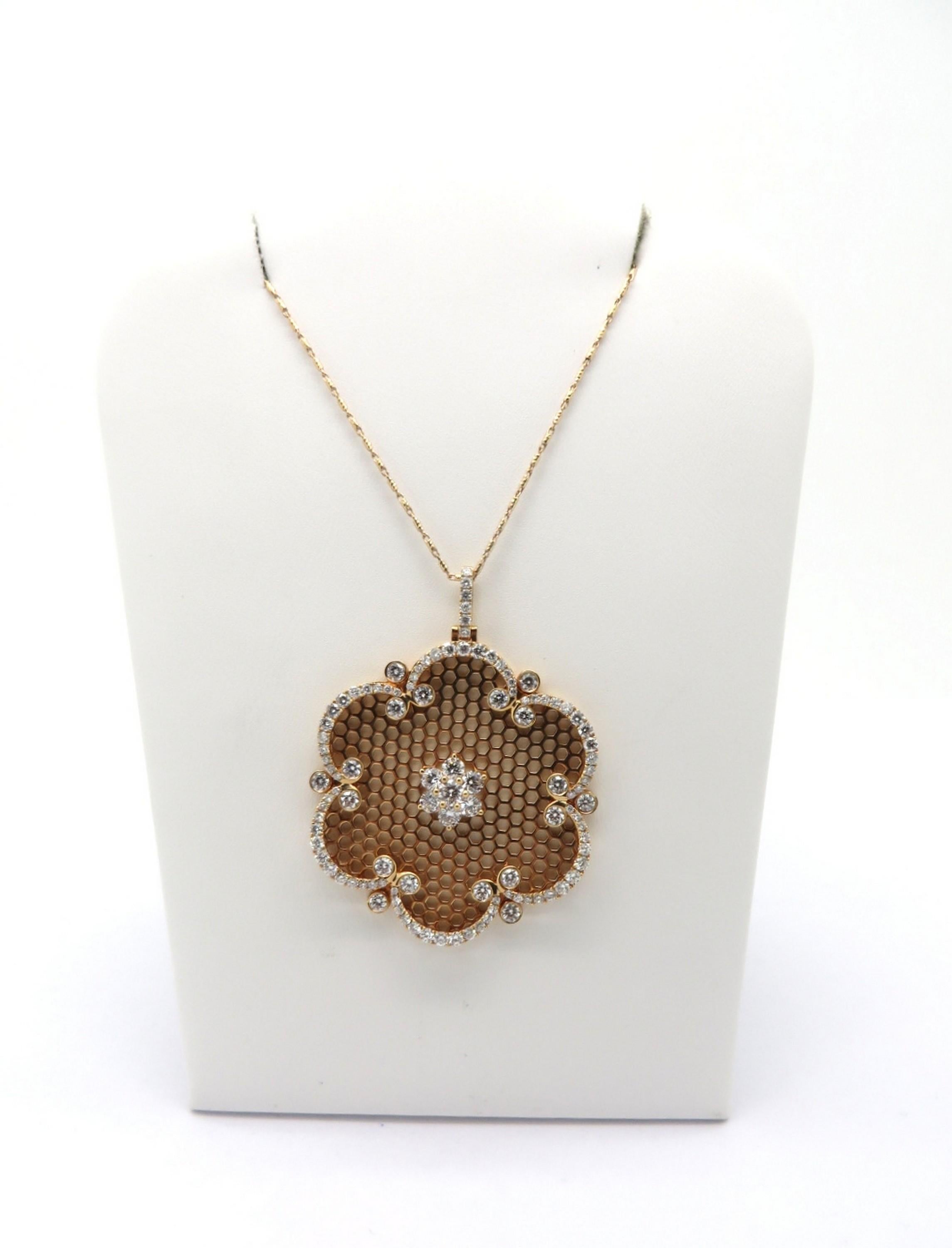 Estate 18K rose gold round diamond flower fashion statement necklace. Showcasing 109 round brilliant cut diamonds, prong and bezel set, weighing approximately 2.67 carats total. Diamond grading: color grade: G. Clarity grade: VS1. The pendant