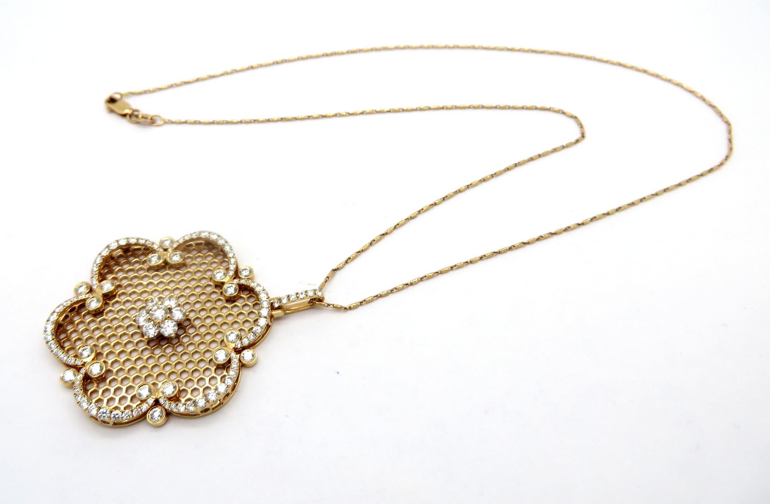 Estate 18 Karat Rose Gold Round Diamond Flower Fashion Statement Necklace For Sale 1