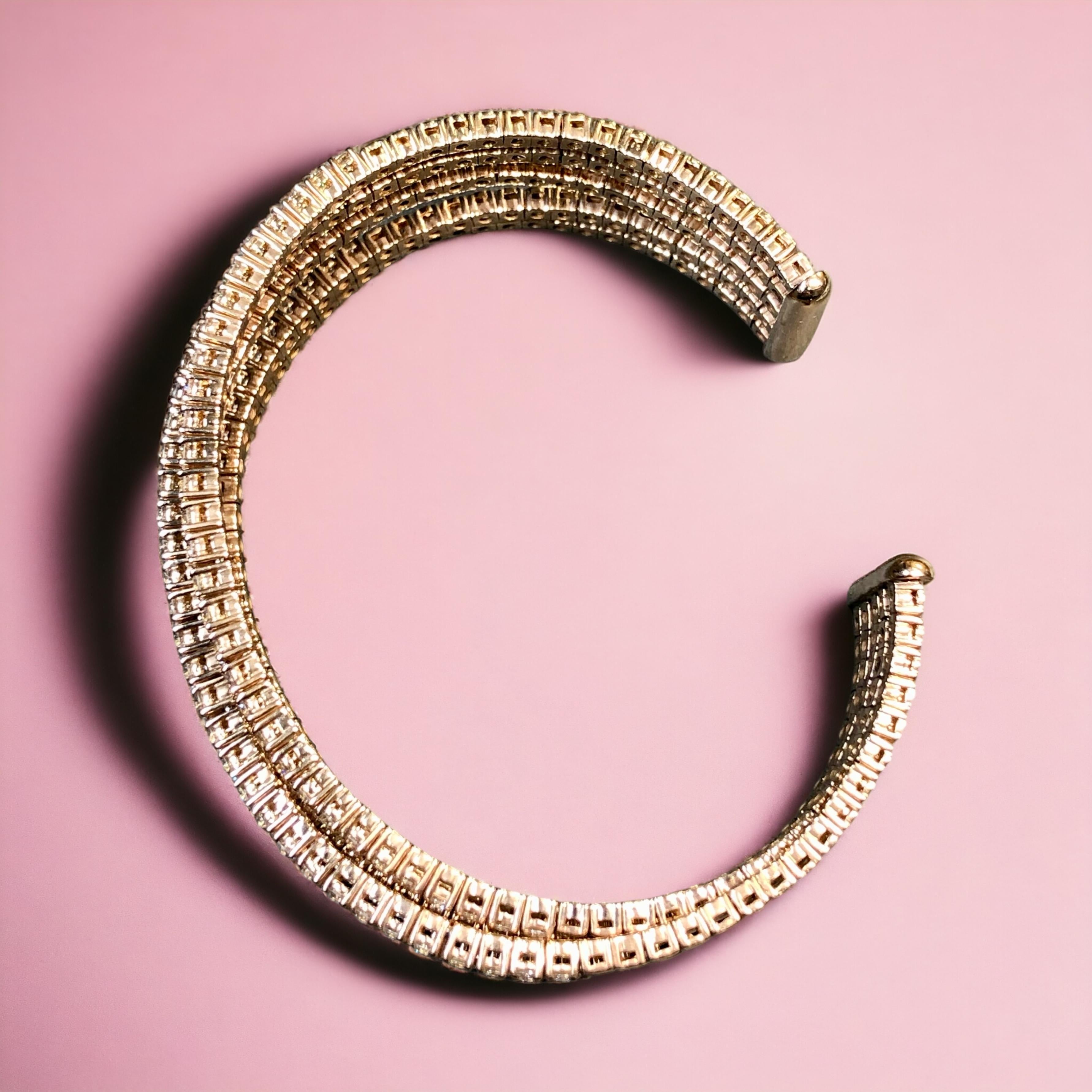 Contemporary Estate 18K Rose Gold Wide Diamond Multi Row Cuff Bracelet 9.30ctw G Vs 7” For Sale