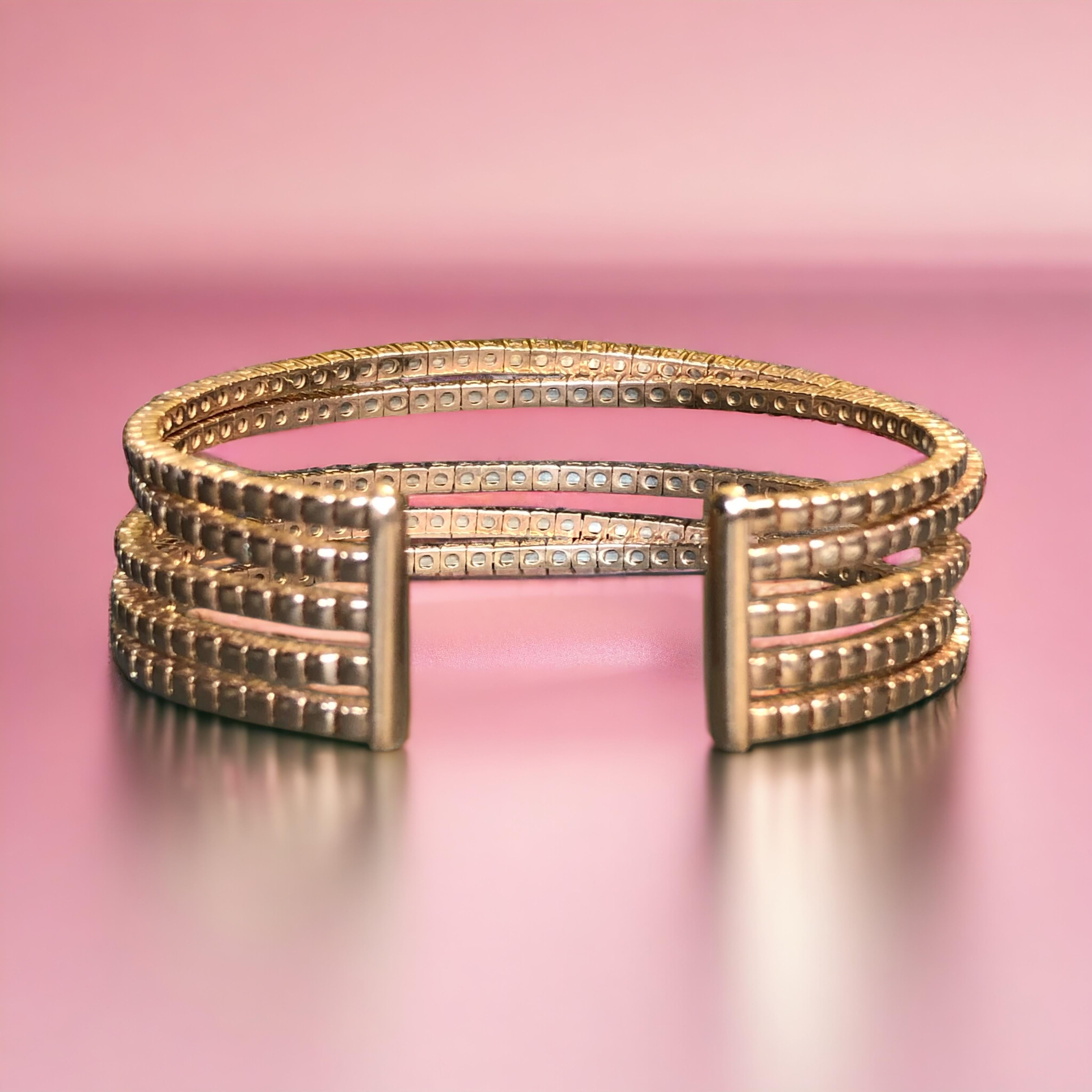 Round Cut Estate 18K Rose Gold Wide Diamond Multi Row Cuff Bracelet 9.30ctw G Vs 7” For Sale