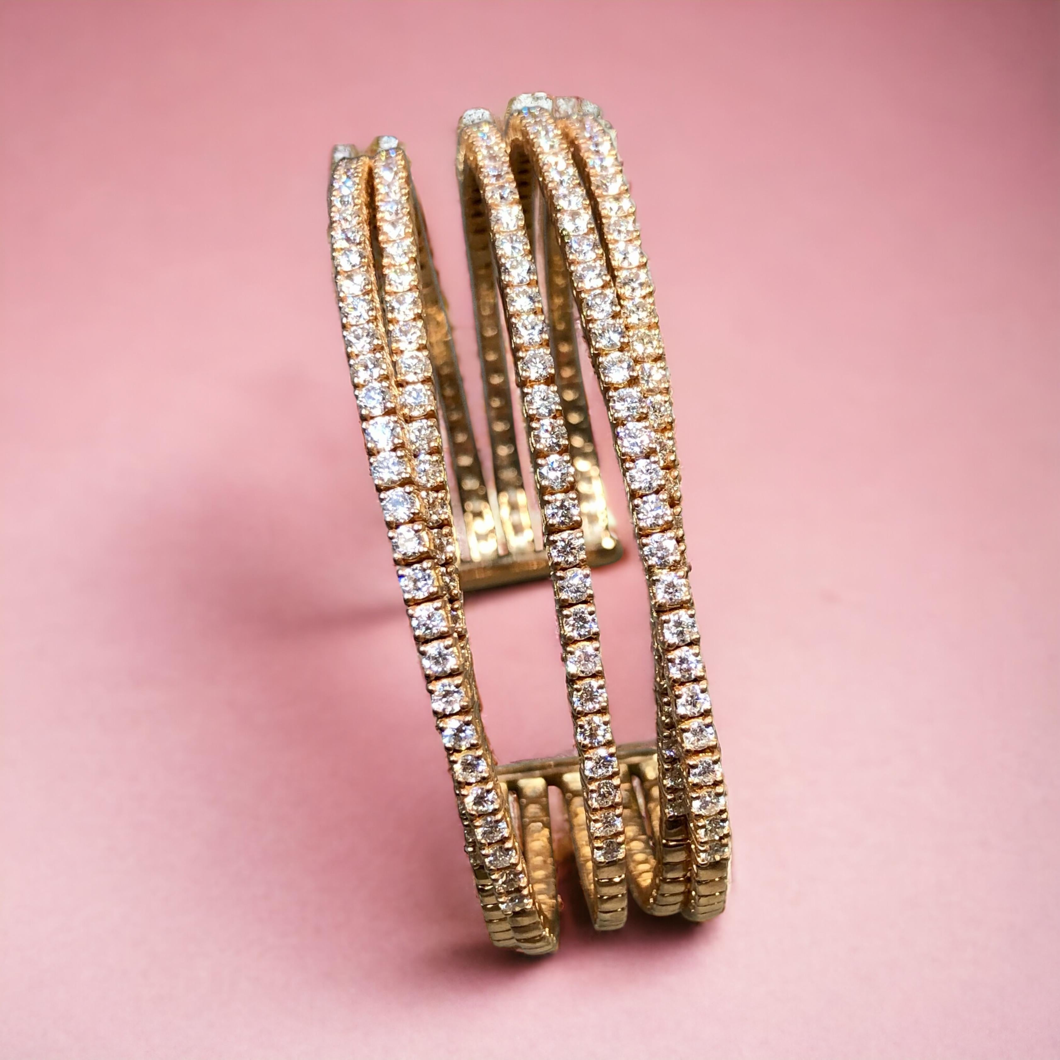 Estate 18K Rose Gold Wide Diamond Multi Row Cuff Bracelet 9.30ctw G Vs 7” In Excellent Condition For Sale In Winter Springs, FL