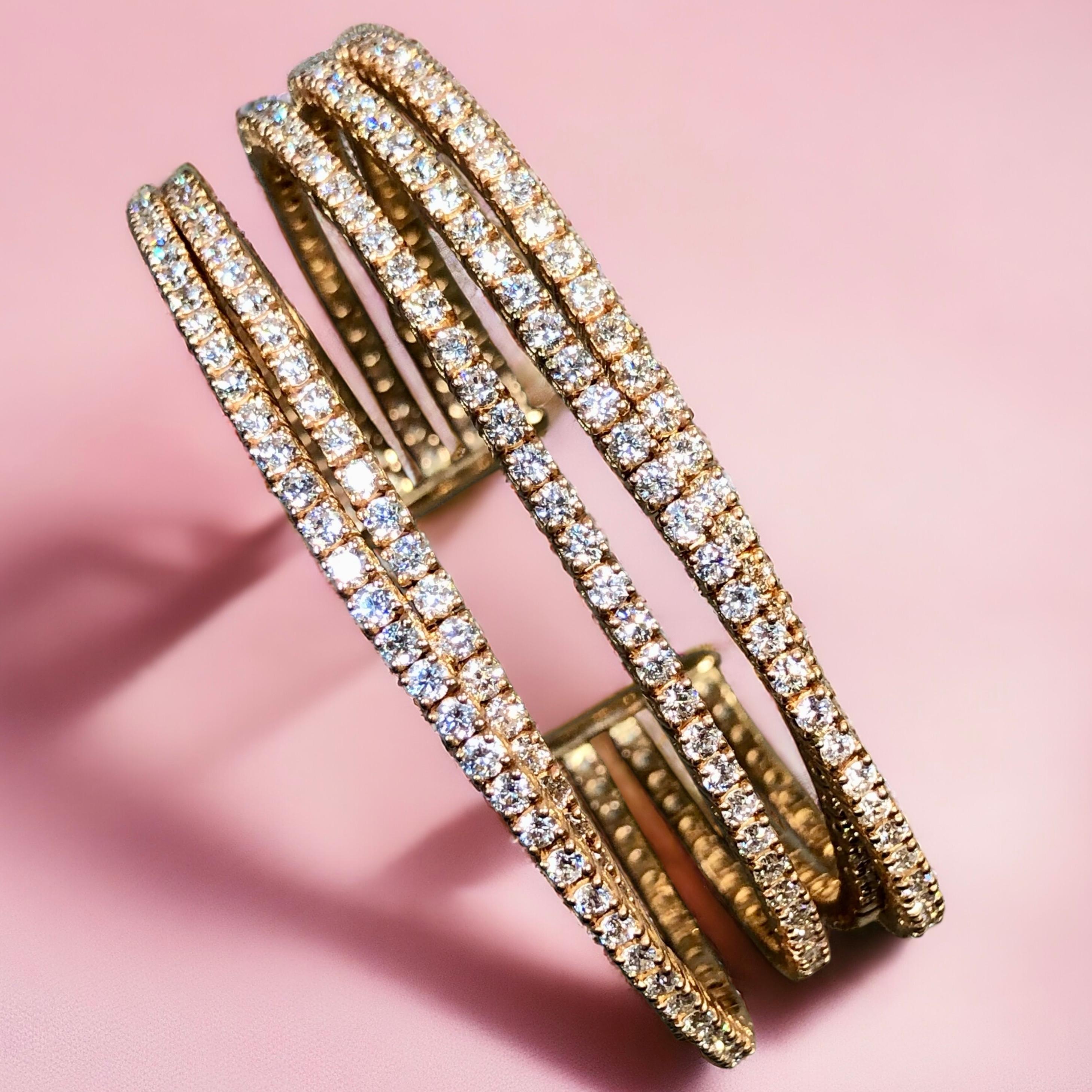 Women's or Men's Estate 18K Rose Gold Wide Diamond Multi Row Cuff Bracelet 9.30ctw G Vs 7” For Sale