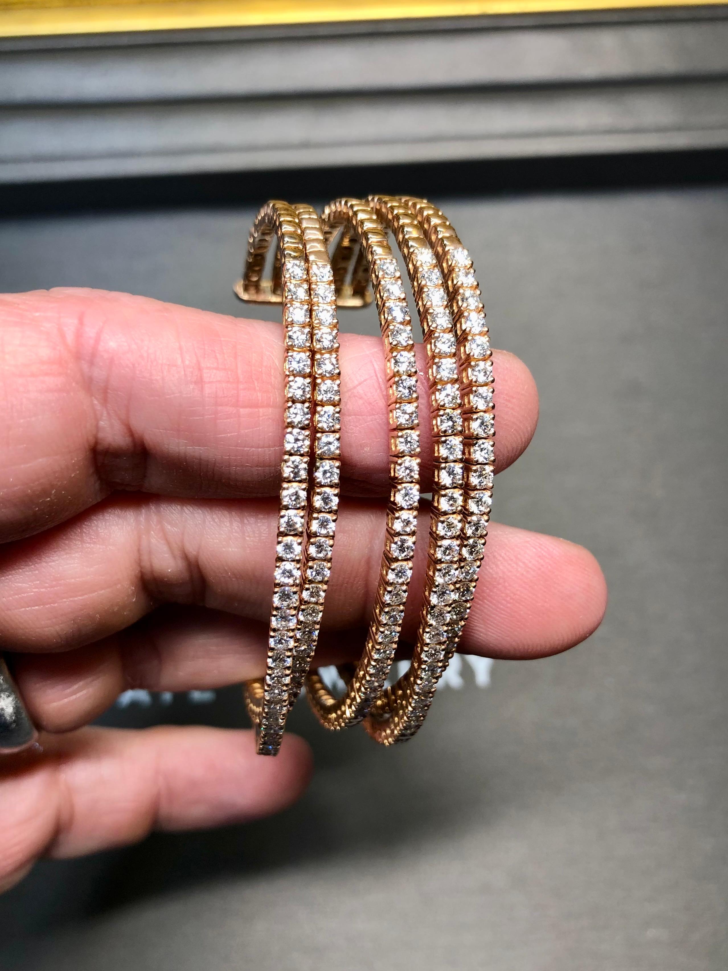 Estate 18K Rose Gold Wide Diamond Multi Row Cuff Bracelet 9.30ctw G Vs 7” For Sale 1