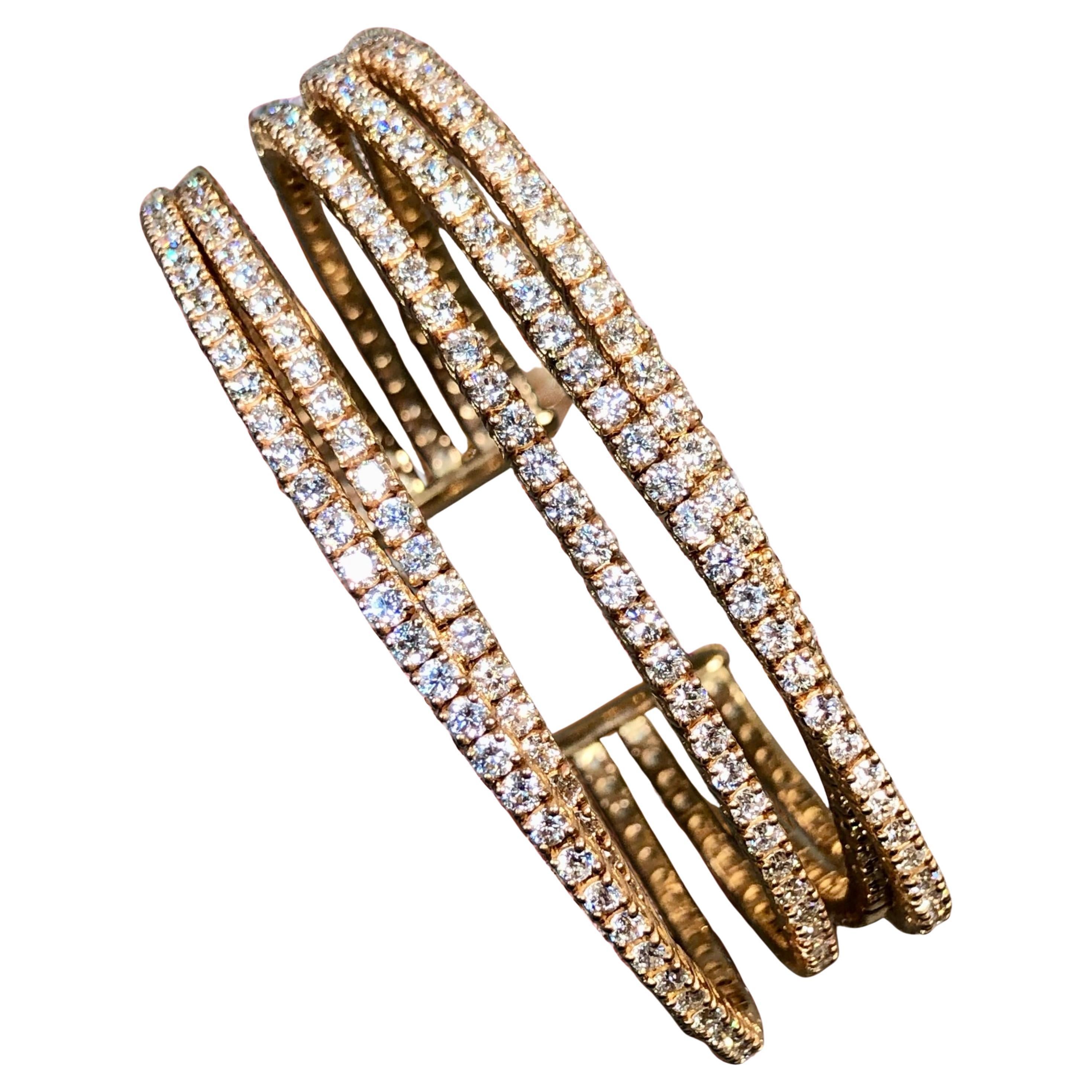 Estate 18K Rose Gold Wide Diamond Multi Row Cuff Bracelet 9.30ctw G Vs 7” For Sale