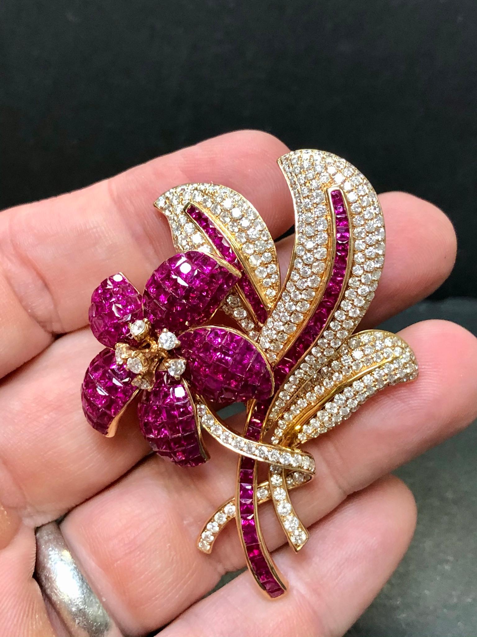 Women's or Men's Estate 18k Rose Invisible Set Ruby Diamond Floral Brooch Pin Pendant 20.30cttw