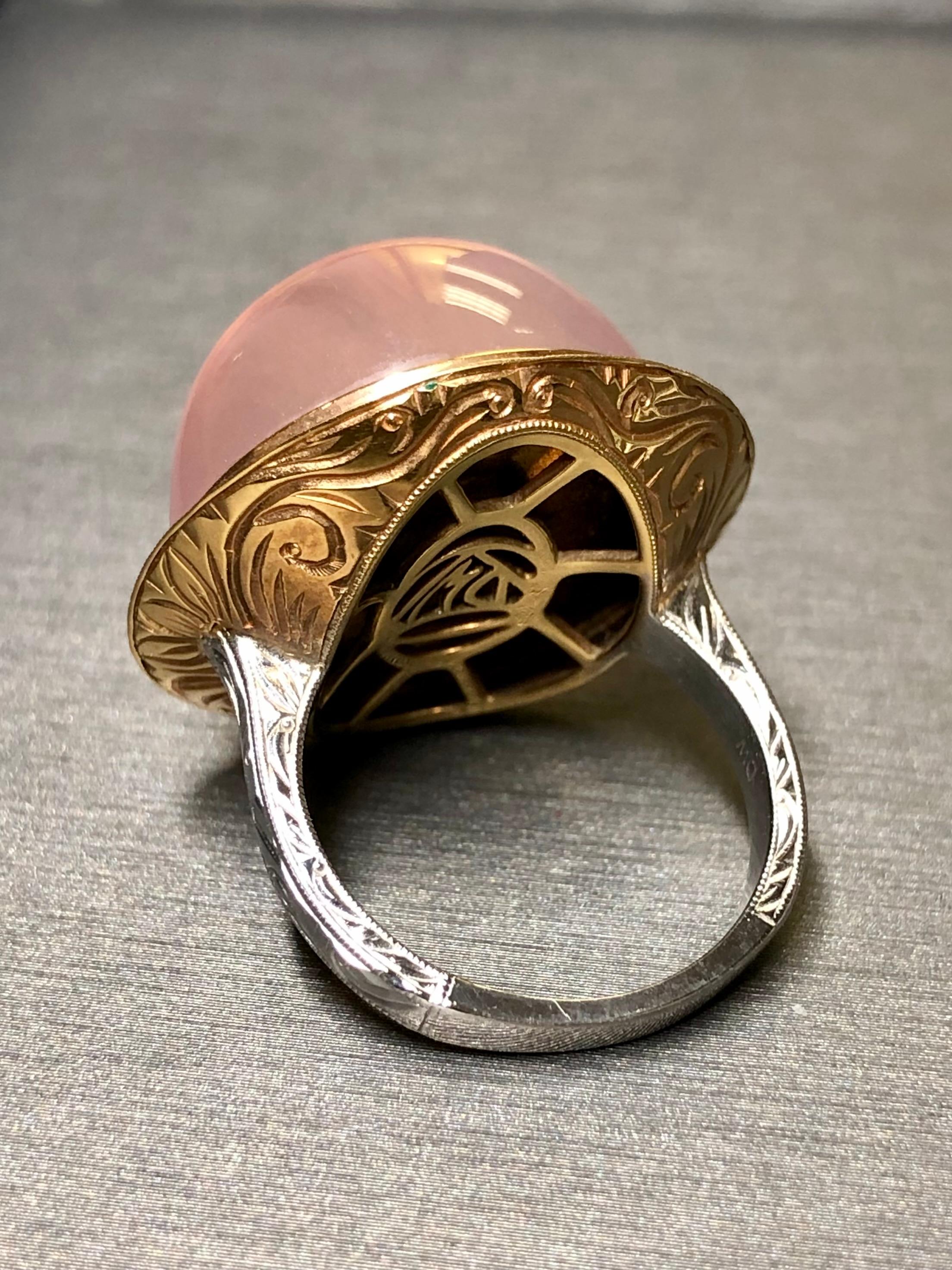 Contemporary Estate 18K Rose White Gold Diamond Kunzite Cabochon Cocktail Ring Sz 8 44.72cttw For Sale