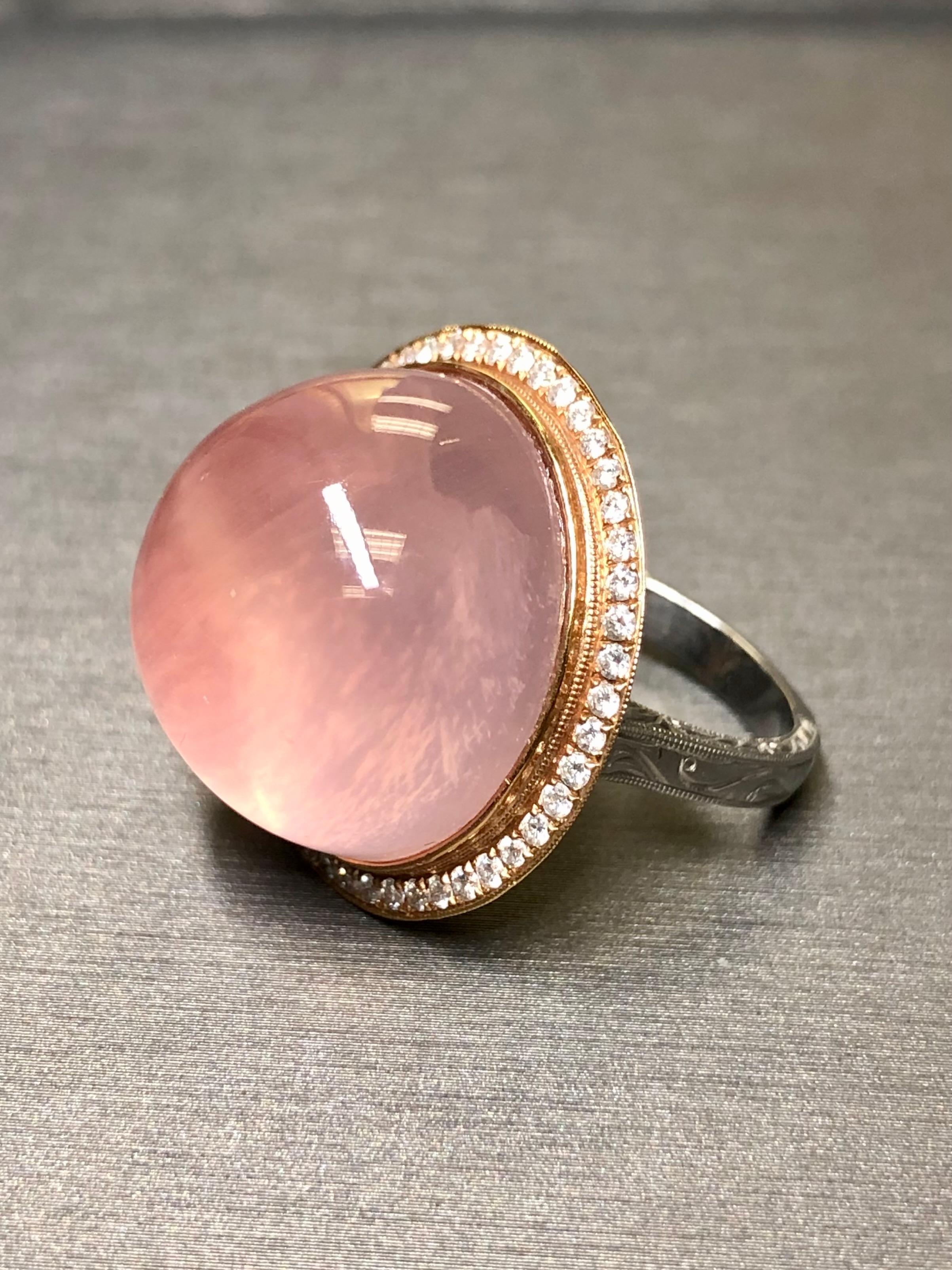 Estate 18K Rose White Gold Diamond Kunzite Cabochon Cocktail Ring Sz 8 44.72cttw In Good Condition For Sale In Winter Springs, FL