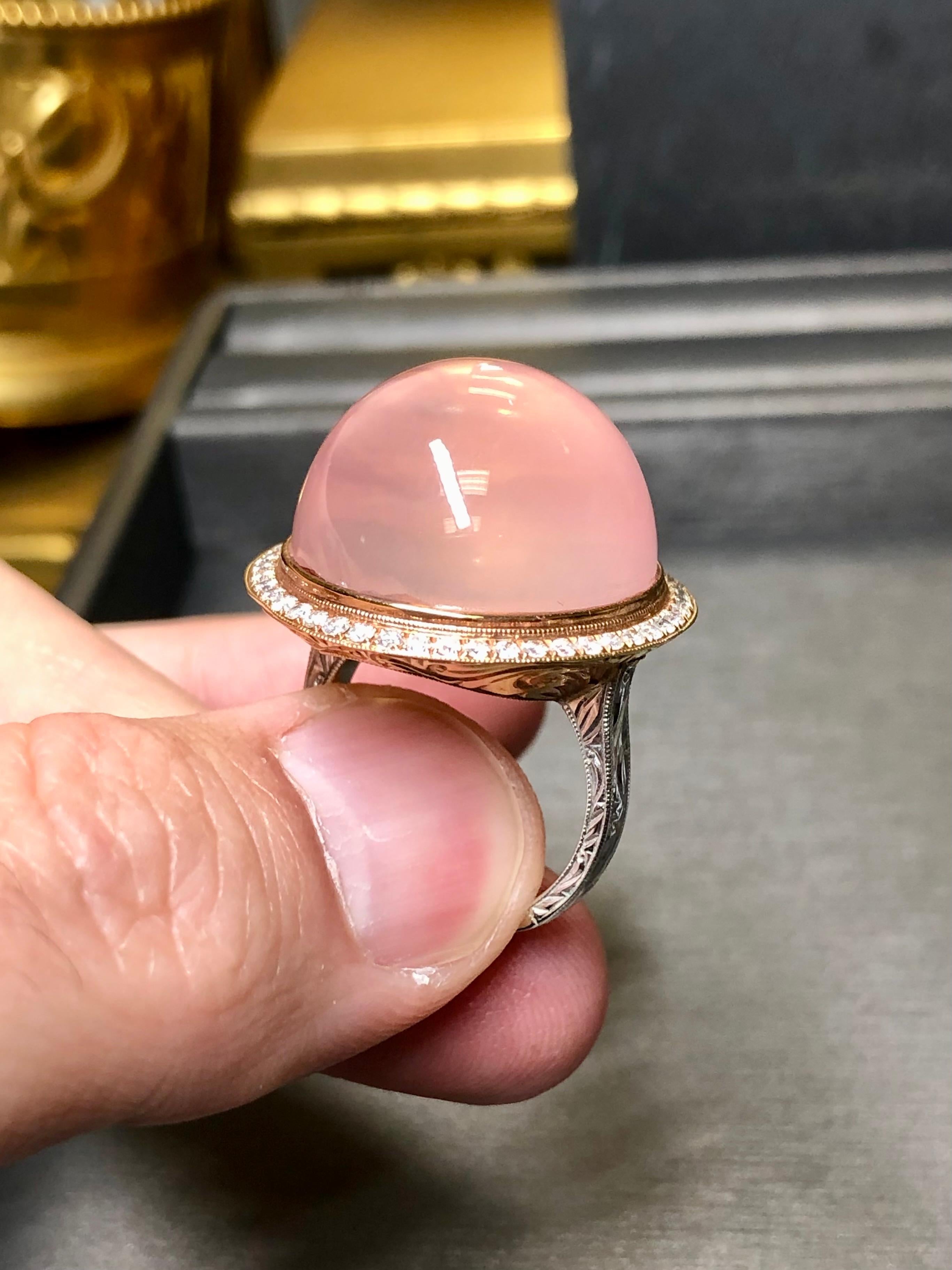 Estate 18K Rose White Gold Diamond Kunzite Cabochon Cocktail Ring Sz 8 44.72cttw For Sale 2