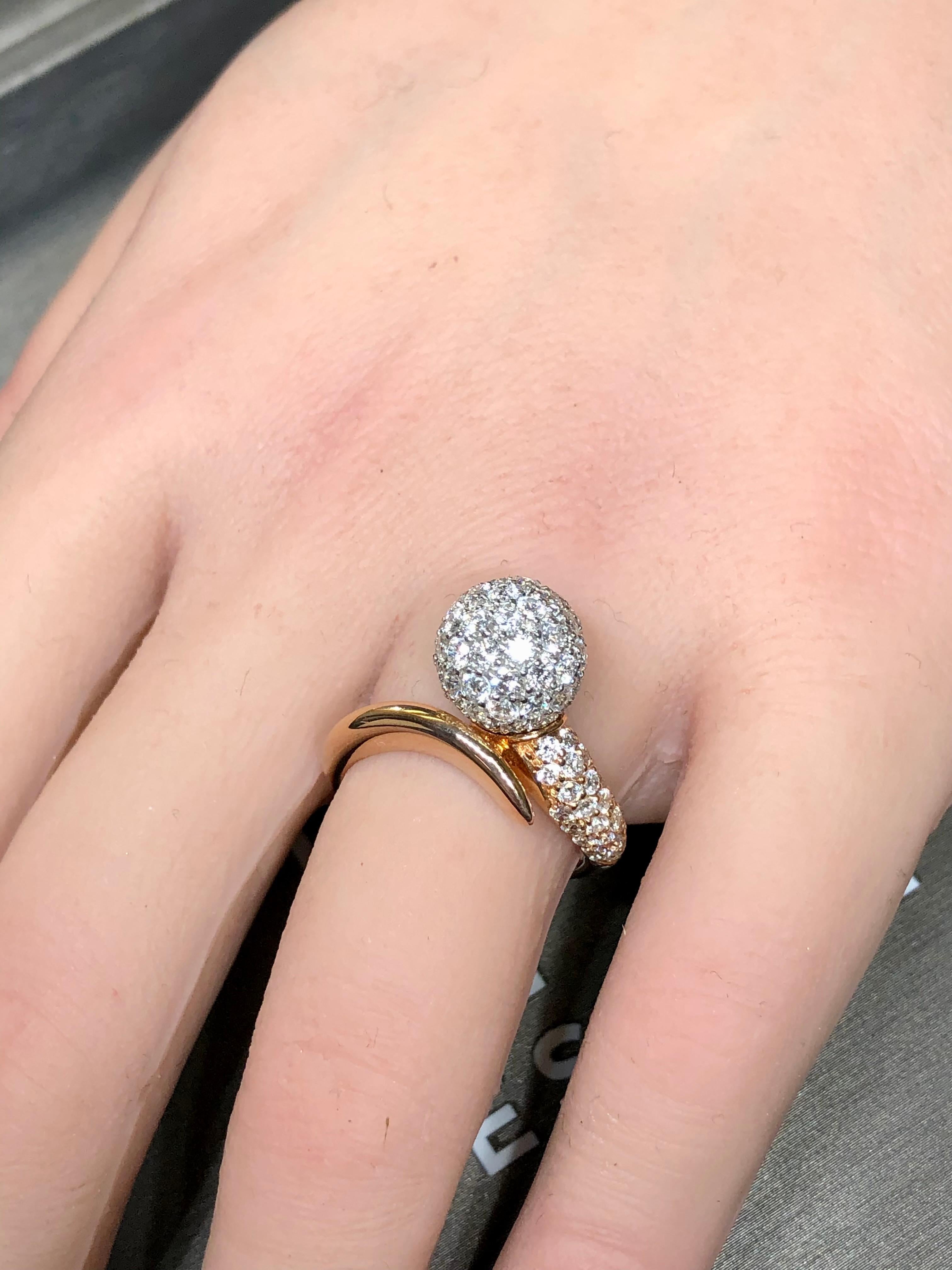 Estate 18K Rose White Gold Pave Diamond Ball Bypass Cocktail Ring F Vs+ For Sale 4