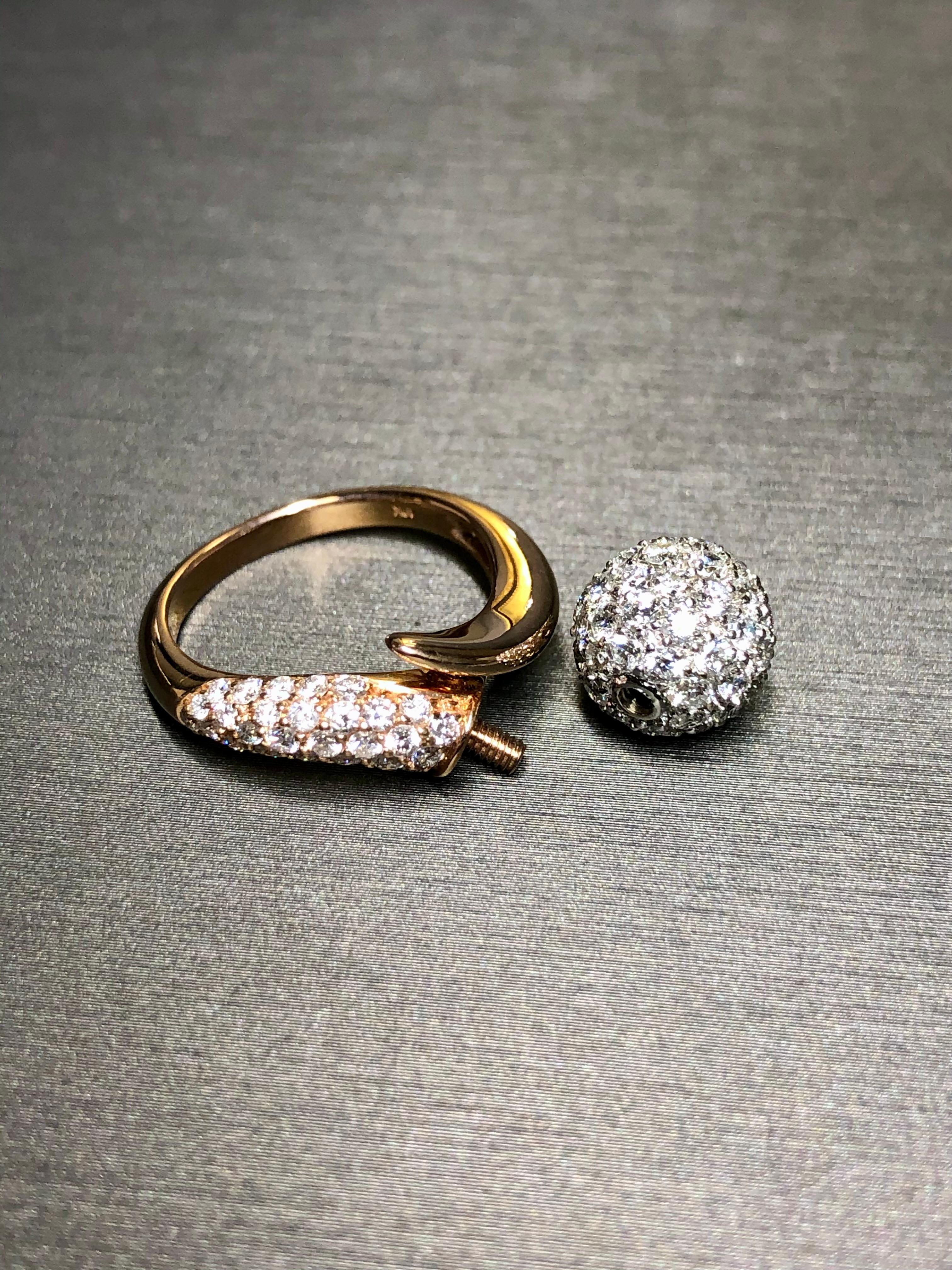 Estate 18K Rose White Gold Pave Diamond Ball Bypass Cocktail Ring F Vs+ For Sale 5