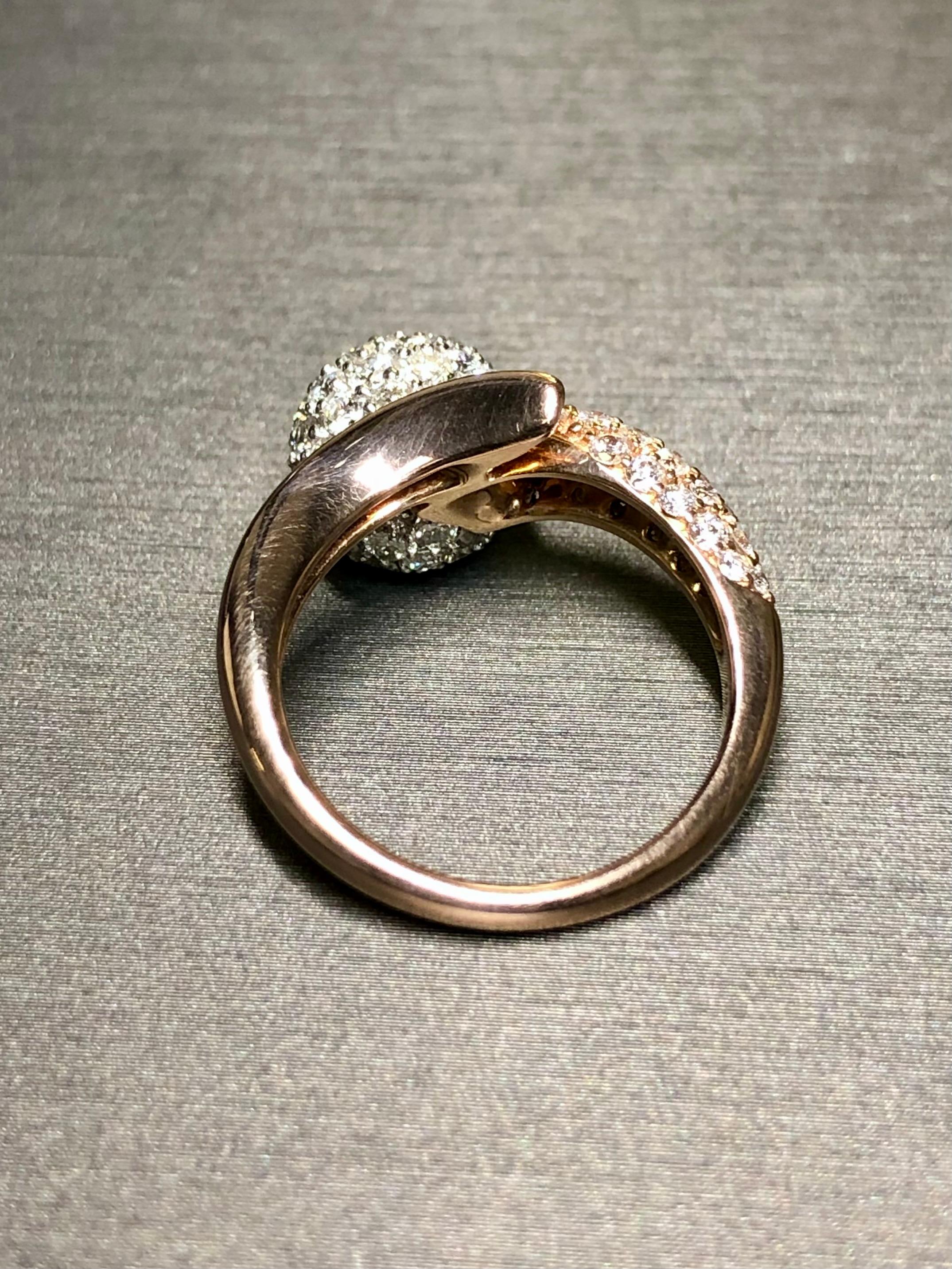 Contemporary Estate 18K Rose White Gold Pave Diamond Ball Bypass Cocktail Ring F Vs+ For Sale