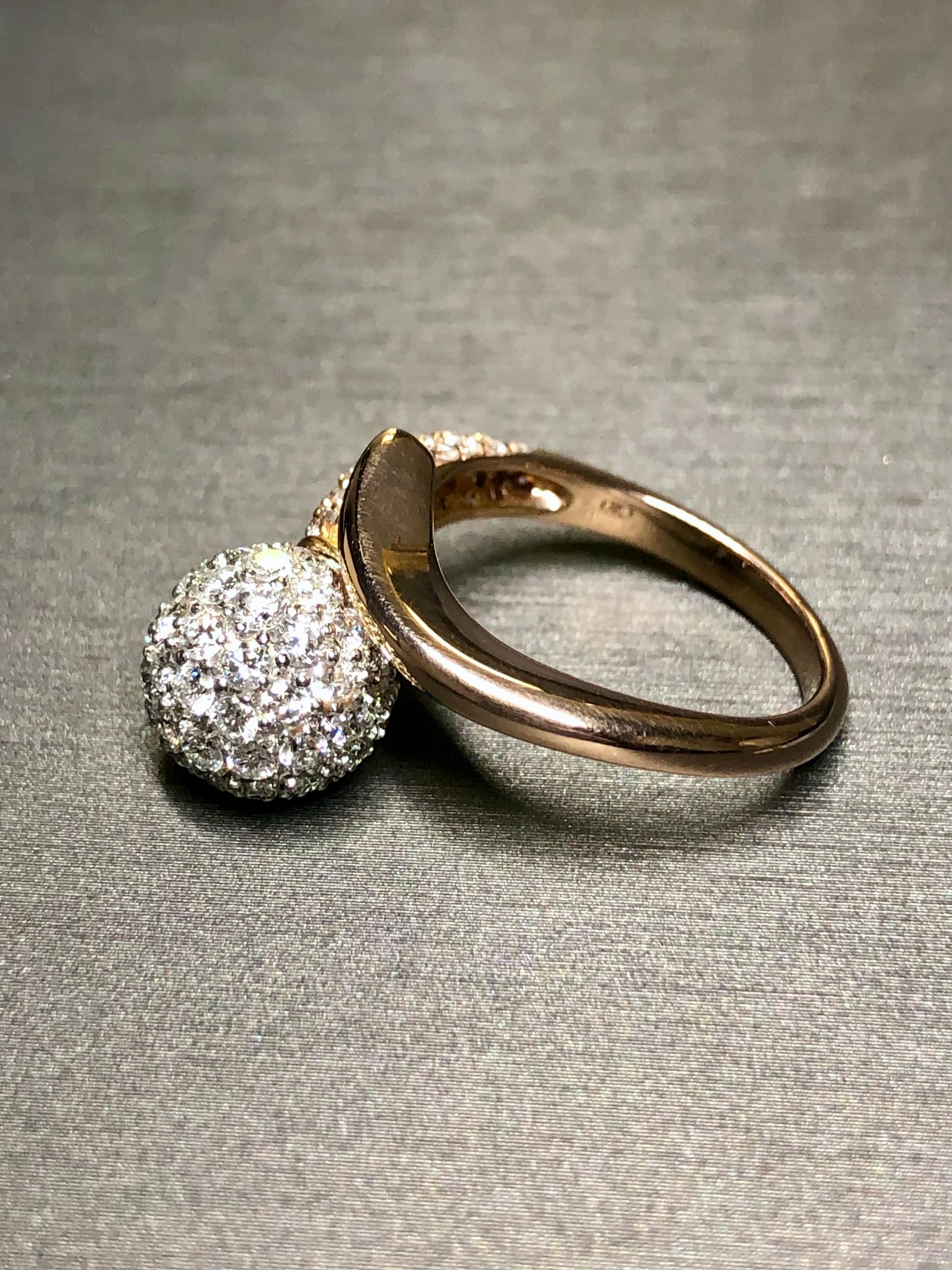 Round Cut Estate 18K Rose White Gold Pave Diamond Ball Bypass Cocktail Ring F Vs+ For Sale