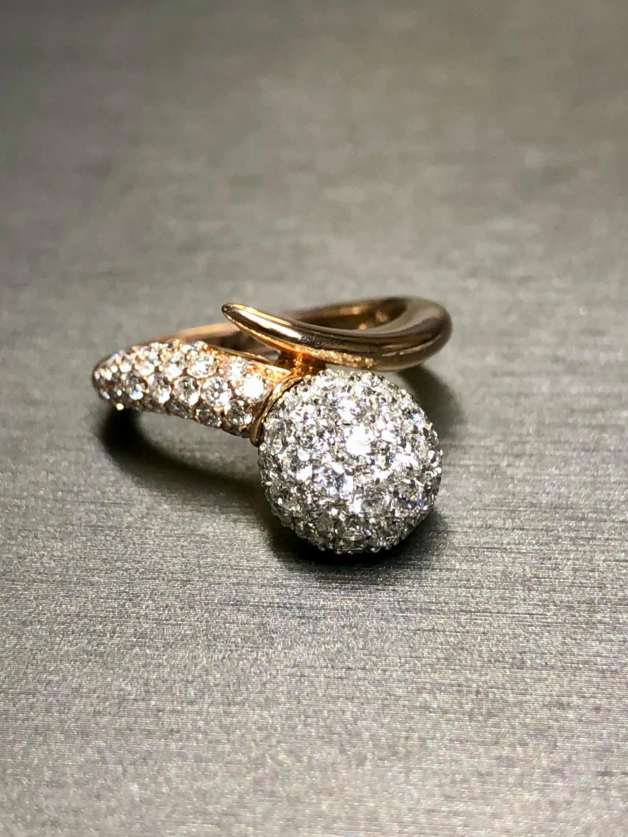 Estate 18K Rose White Gold Pave Diamond Ball Bypass Cocktail Ring F Vs+ In Good Condition For Sale In Winter Springs, FL
