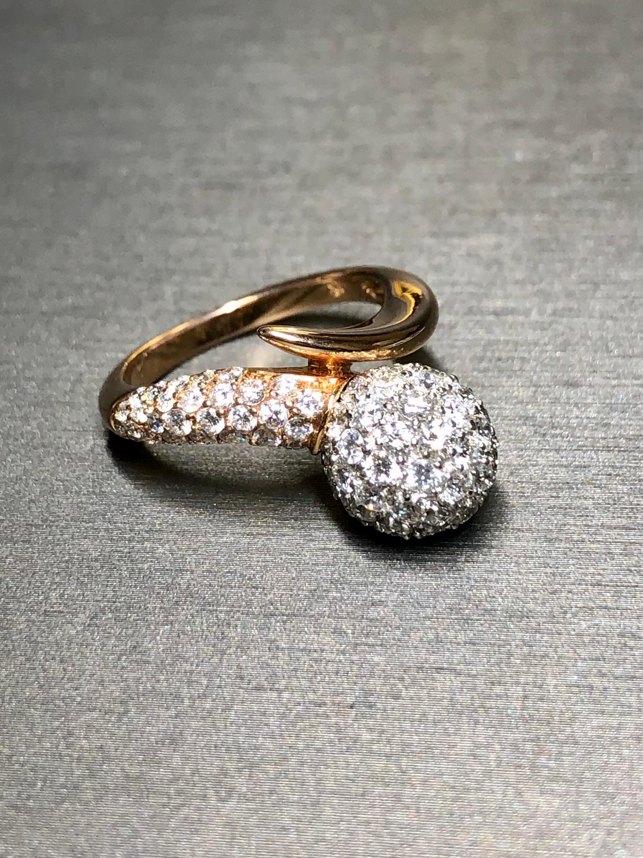Women's or Men's Estate 18K Rose White Gold Pave Diamond Ball Bypass Cocktail Ring F Vs+ For Sale