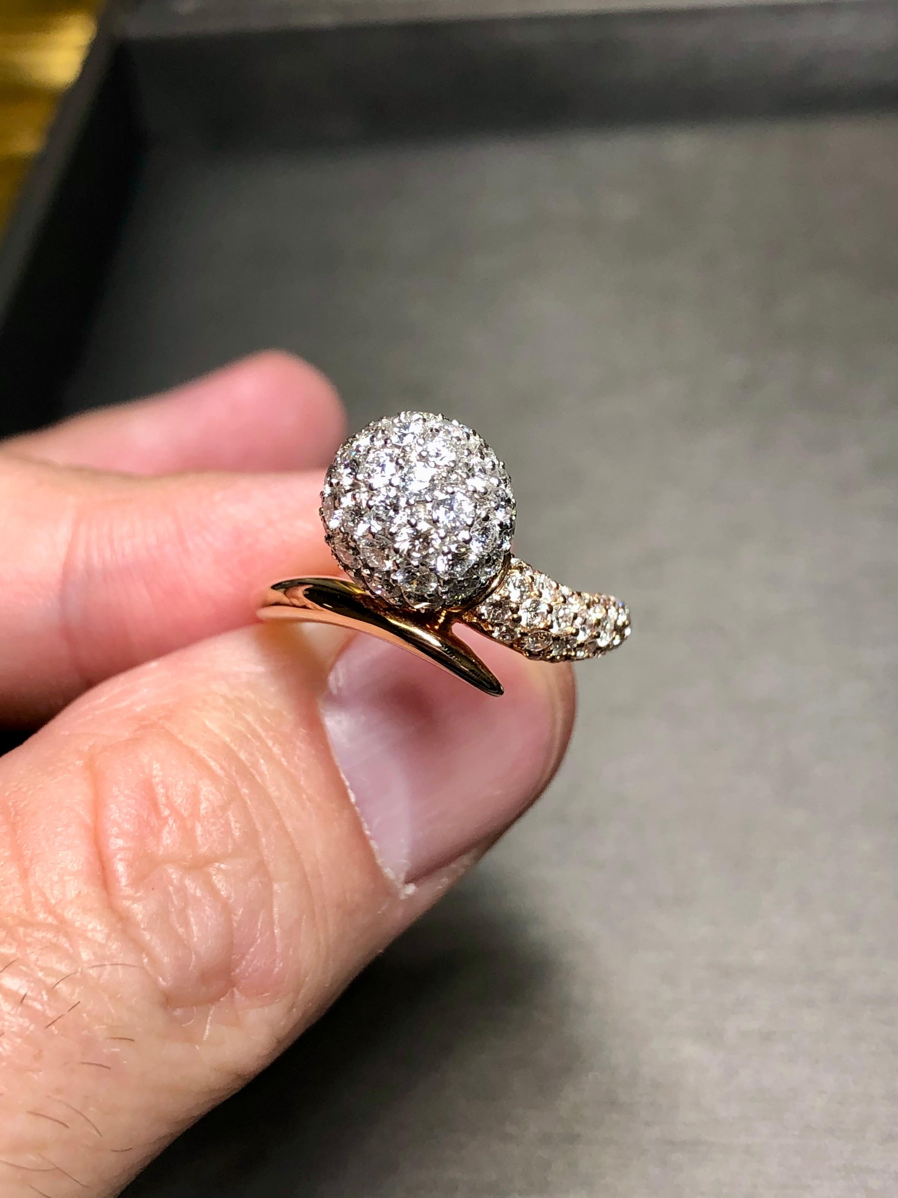 Estate 18K Rose White Gold Pave Diamond Ball Bypass Cocktail Ring F Vs+ For Sale 1