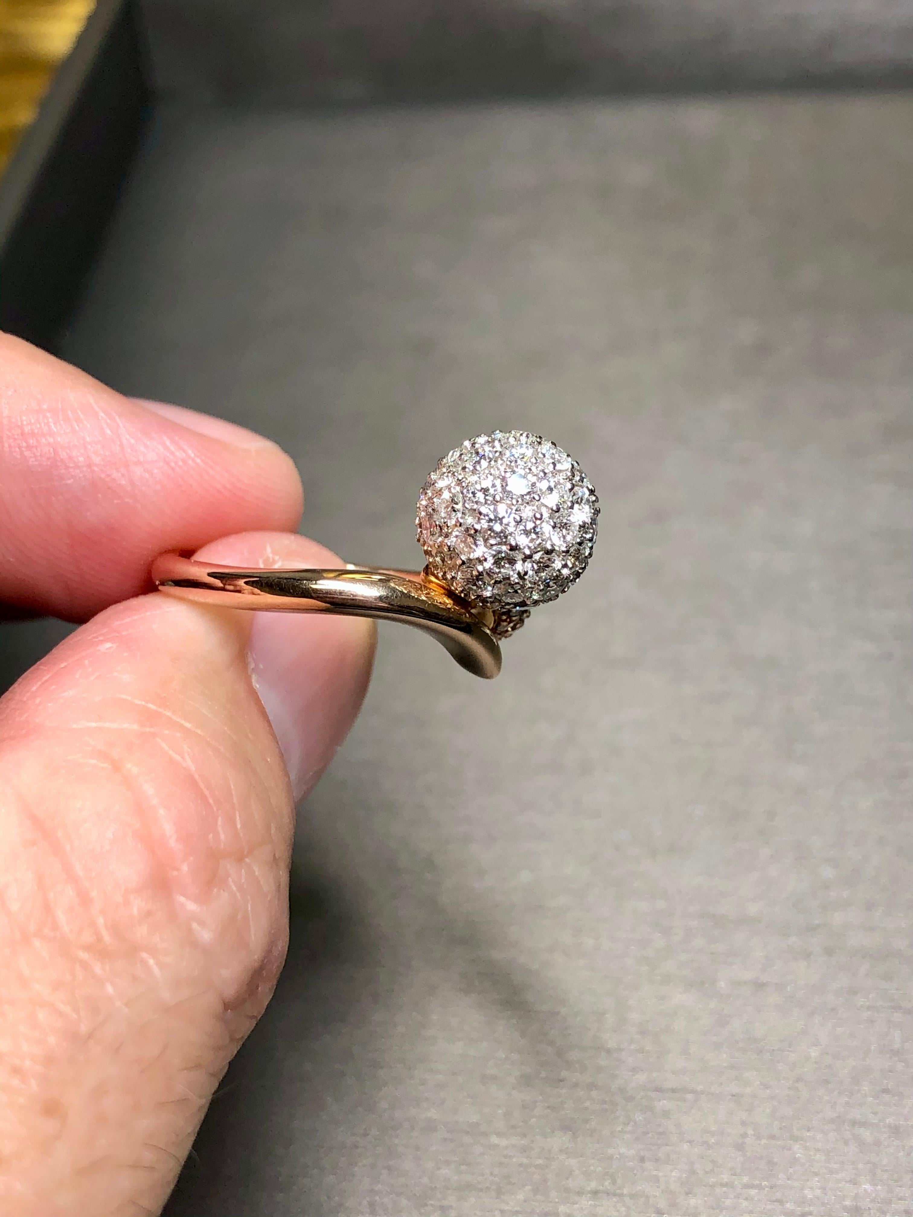 Estate 18K Rose White Gold Pave Diamond Ball Bypass Cocktail Ring F Vs+ For Sale 2