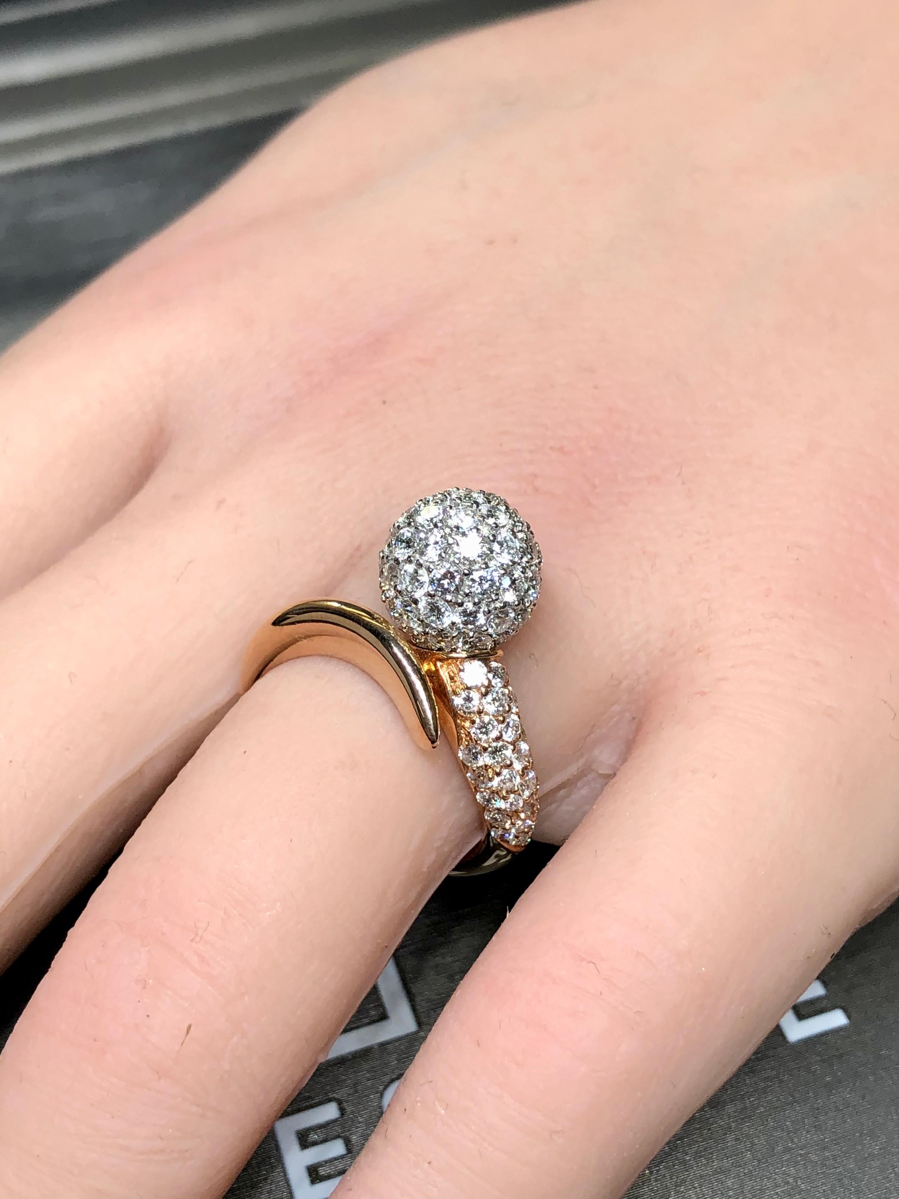 Estate 18K Rose White Gold Pave Diamond Ball Bypass Cocktail Ring F Vs+ For Sale 3