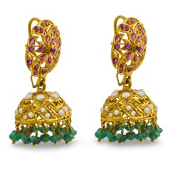 Estate 18k Ruby, Pearl, & Emerald Chandelier Earrings