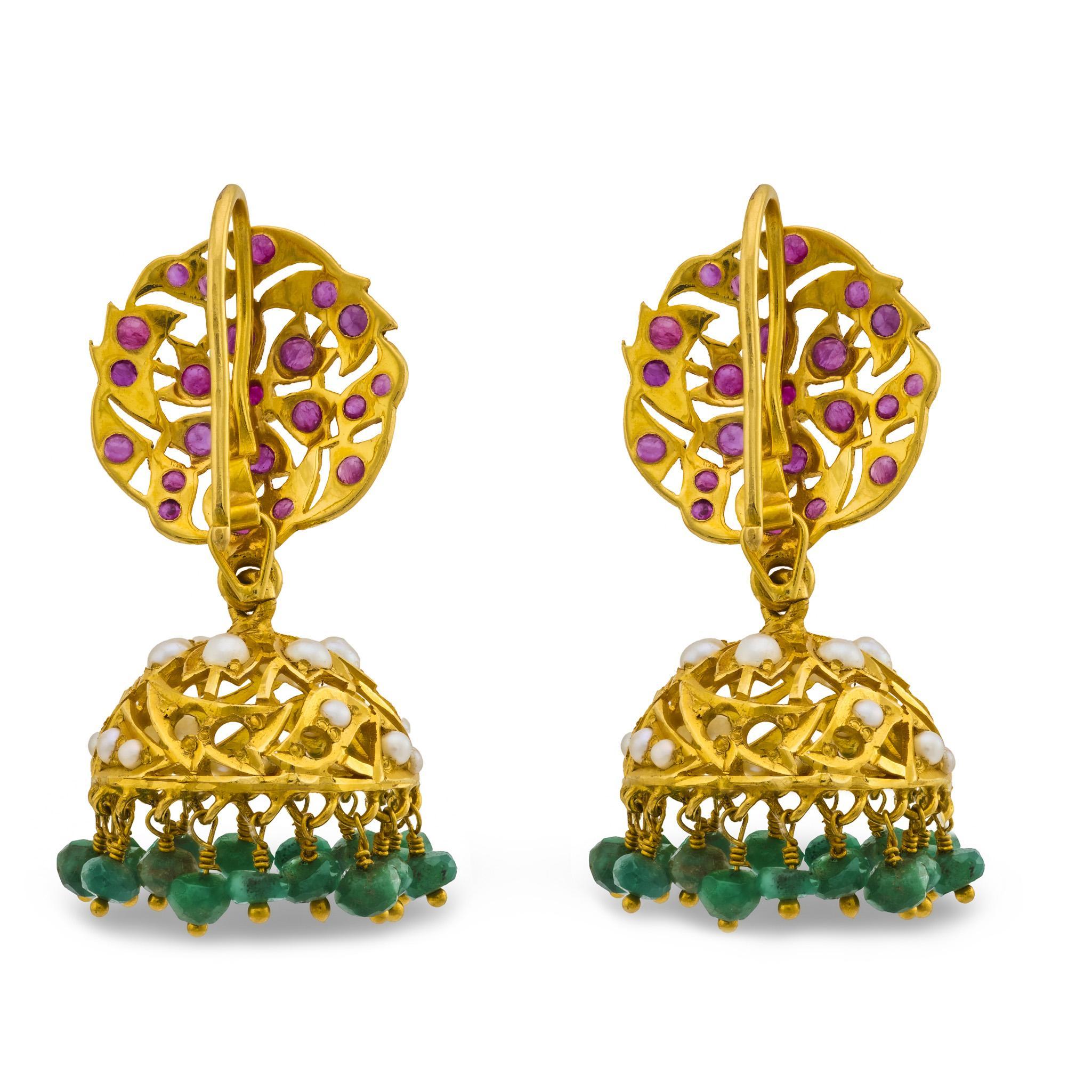 Modern Estate 18k Ruby, Pearl, & Emerald Chandelier Earrings For Sale