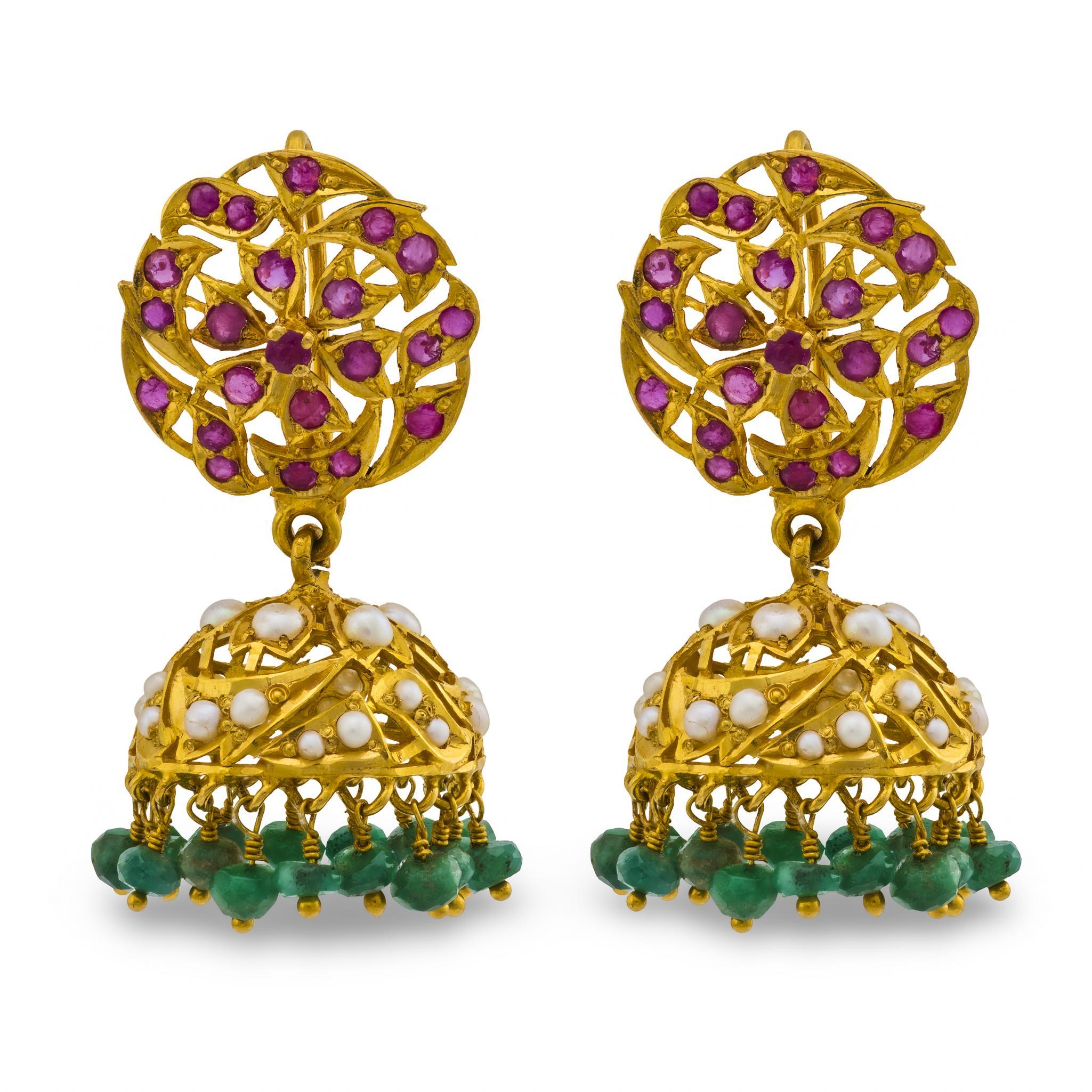 Round Cut Estate 18k Ruby, Pearl, & Emerald Chandelier Earrings For Sale