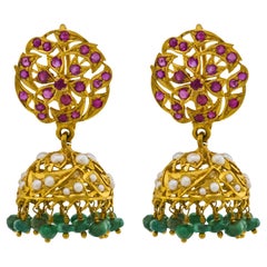 Estate 18k Ruby, Pearl, & Emerald Chandelier Earrings