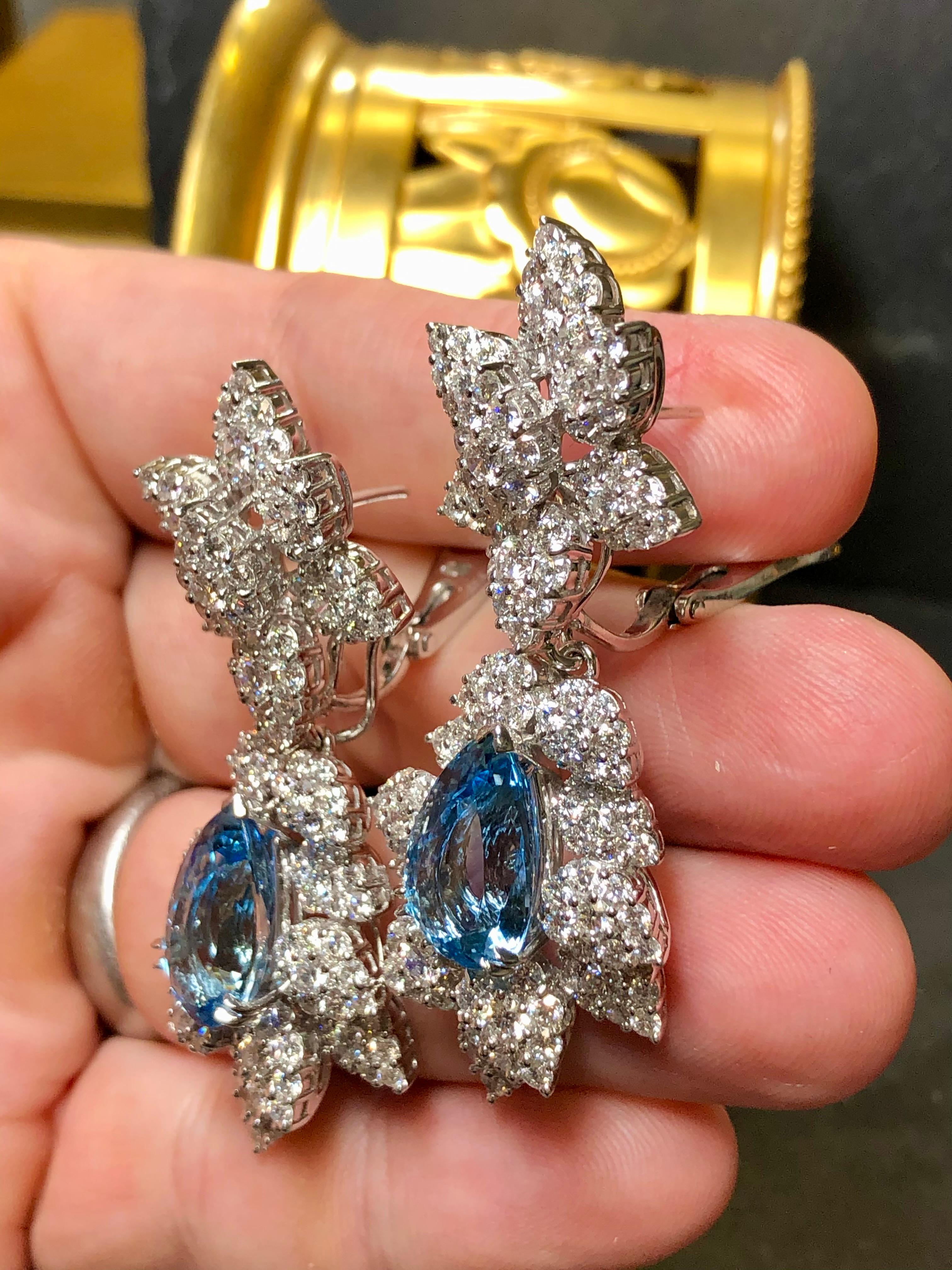 Women's or Men's Estate 18K Santa Maria Aquamarine Diamond Day Night Cocktail Earrings 22ct F Vs For Sale