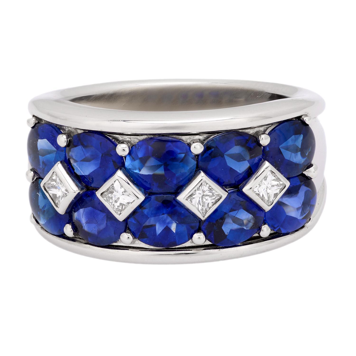 Ein atemberaubendes halbes Band mit Saphiren und Diamanten! Die vordere Hälfte dieses massiven Armbands aus 18 Karat Weißgold ist mit einer Mischung aus ovalen Saphir-Cabochons und Diamanten im Prinzessinnenschliff besetzt. Die Saphire werden von
