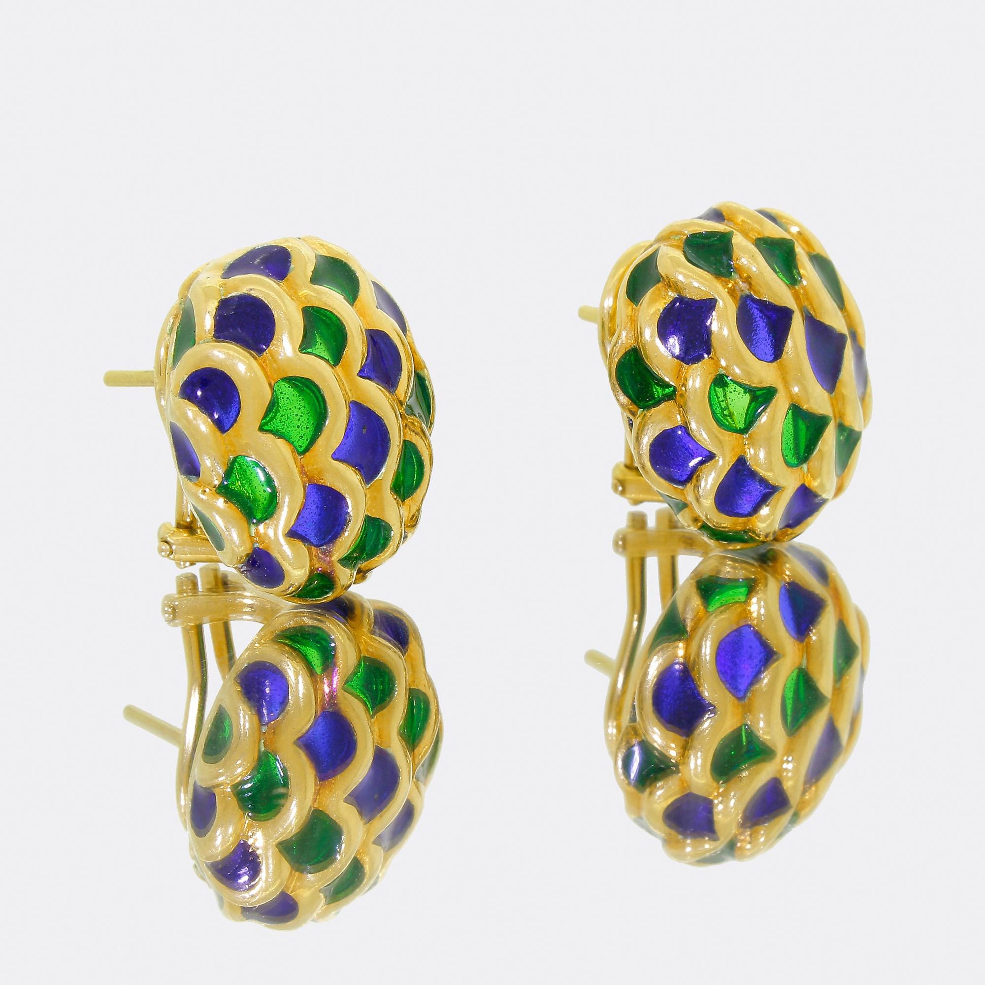 Art Nouveau Estate 18K Solid Gold Earrings Green & Blue Plique-à-Jour Pierced Omega 14.20Gr For Sale